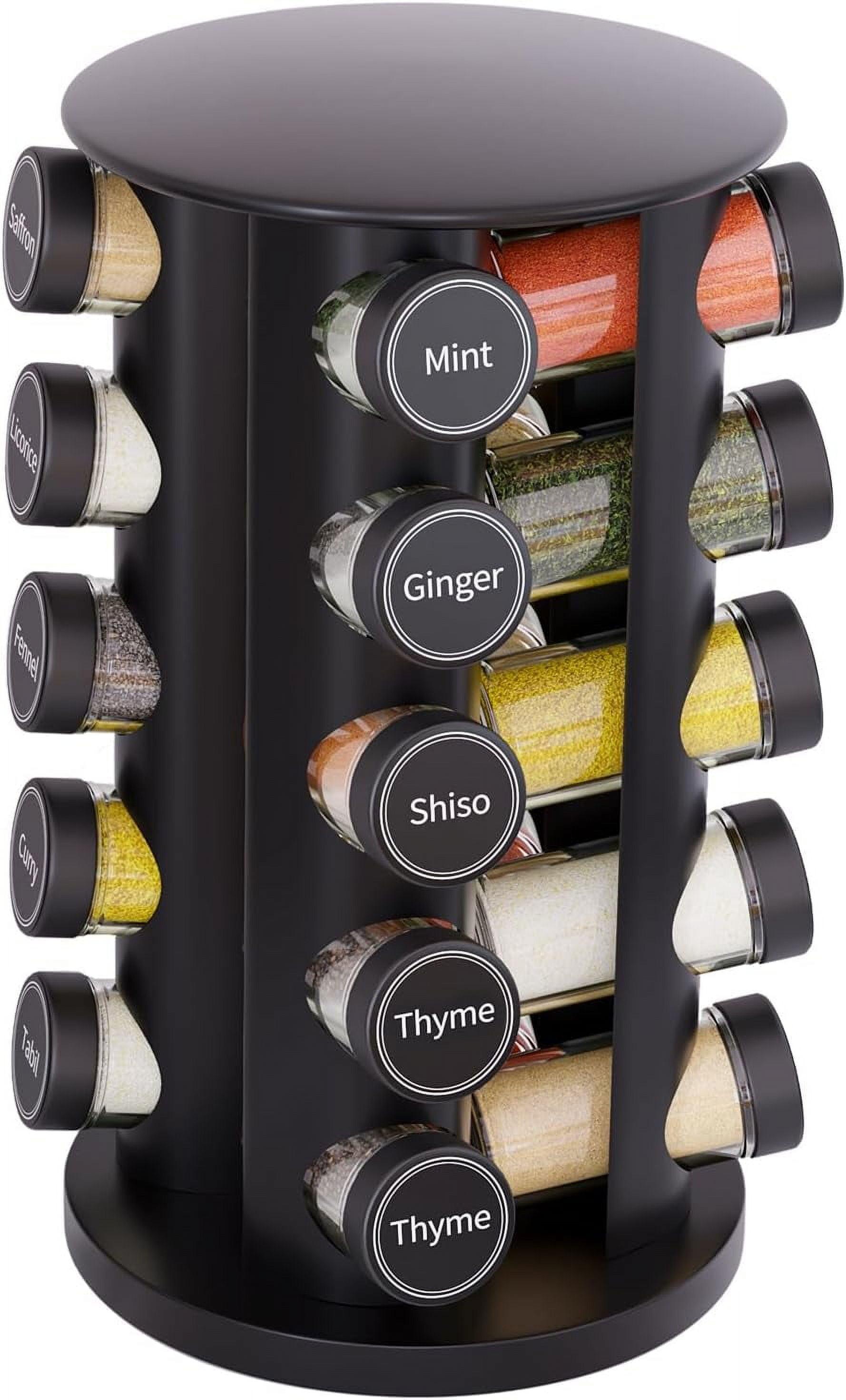 New England Stories Revolving Spice Rack Set with 20 Spice Jars - Kitchen Spice Tower Organizer for Countertop or Cabinet, Includes 386 Spice Labels, Rotating Desktop Seasoning Organizer
