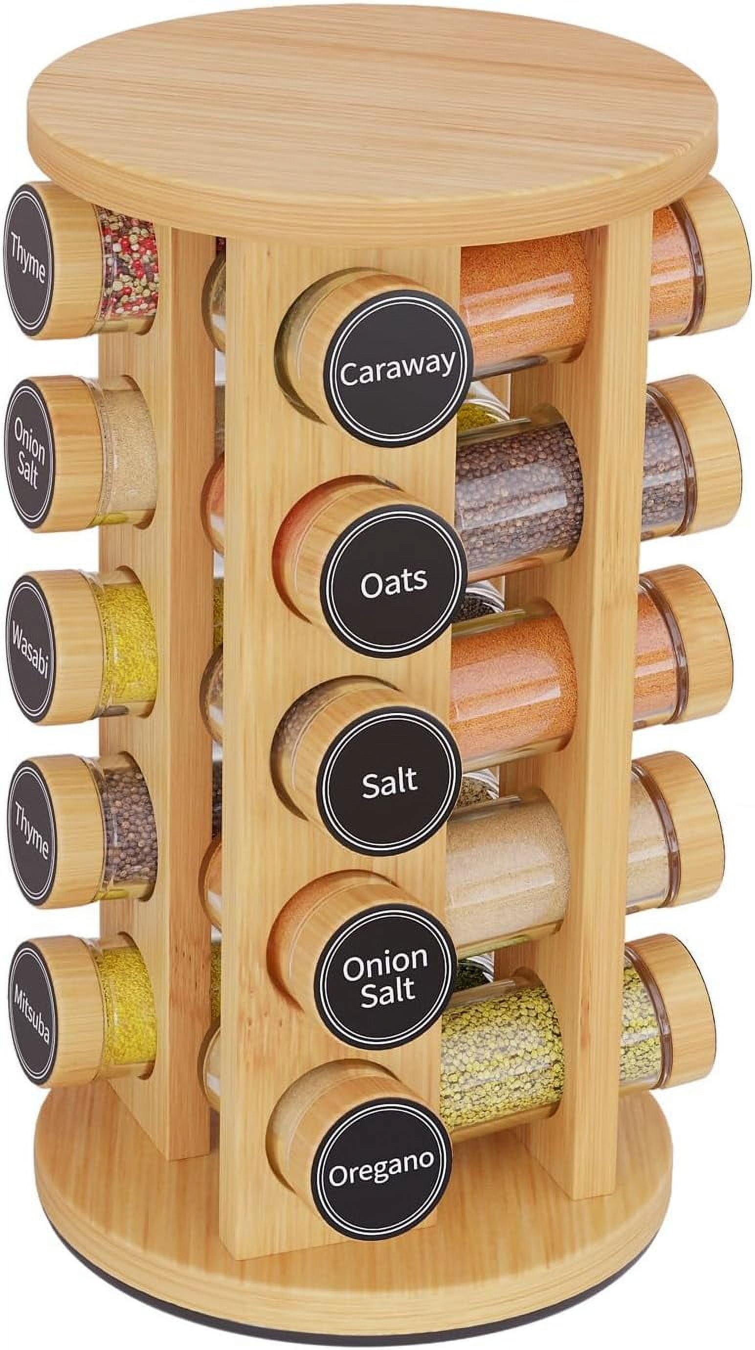 New England Stories Revolving Spice Rack Set with 20 Spice Jars - Kitchen Spice Tower Organizer for Countertop or Cabinet, Includes 386 Spice Labels, Rotating Desktop Seasoning Organizer