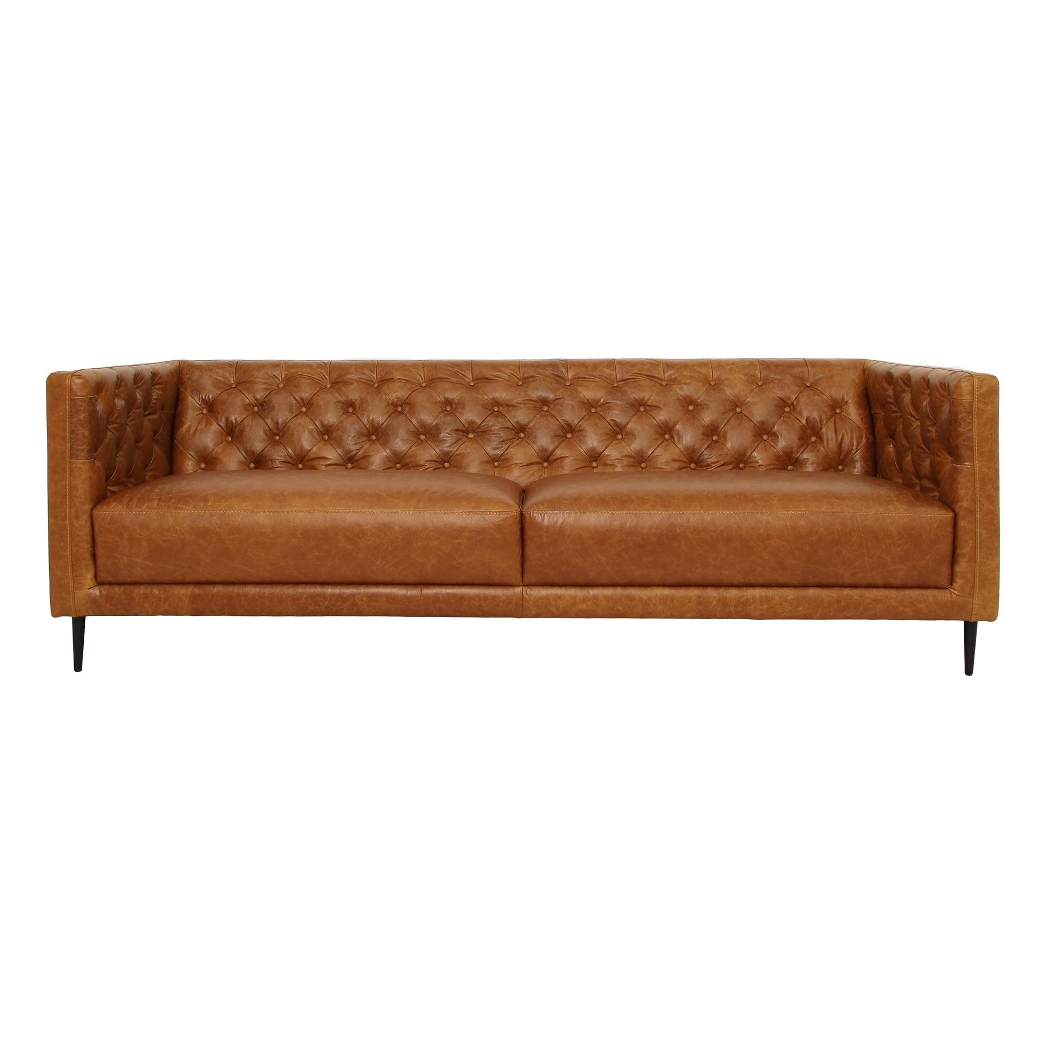 Cognac Tan Tufted Leather Mid-Century Modern Sofa