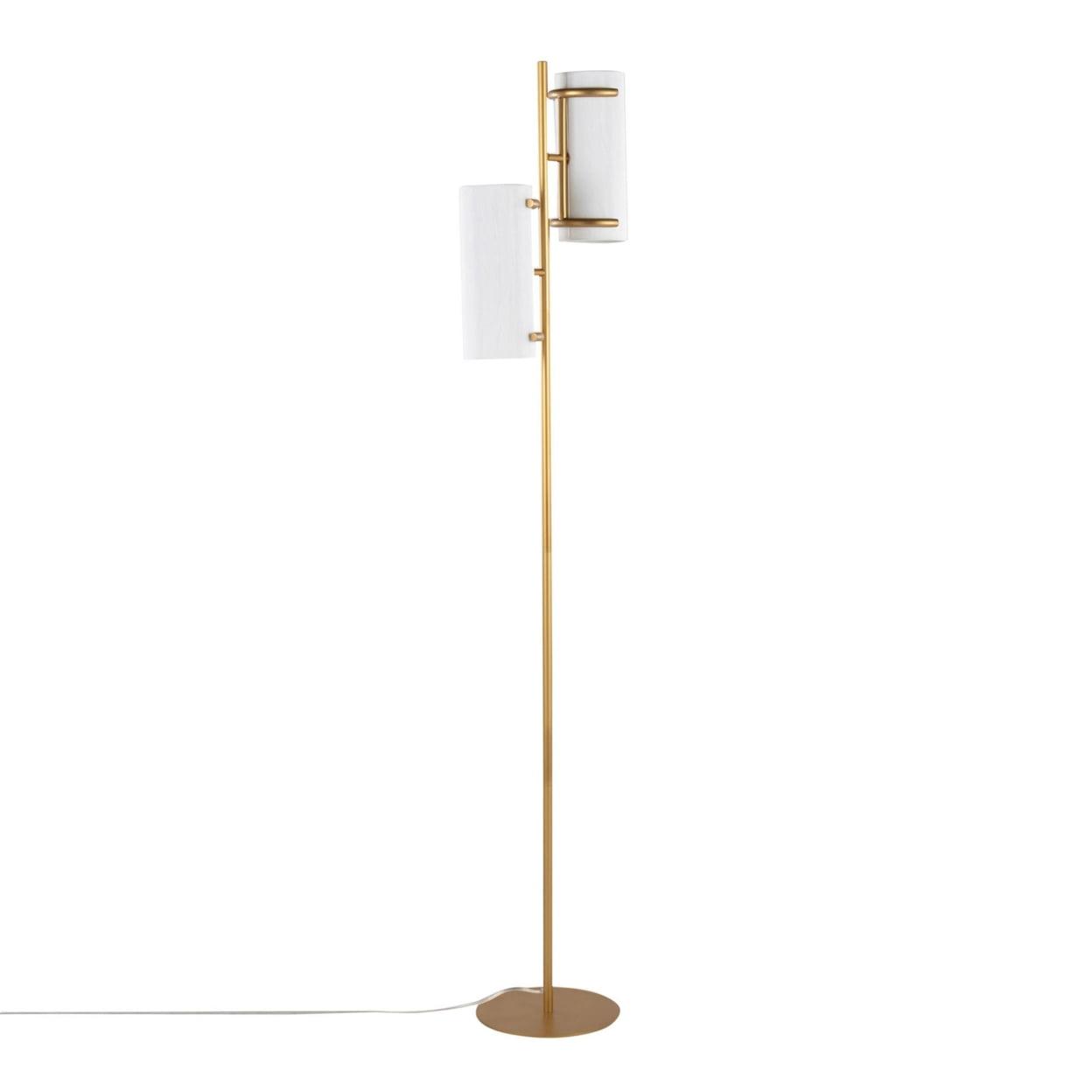 LumiSource Rhonda Floor Lamp: Dual Can Lights, White Plastic Shades, Gold Metal Base, 71" Height