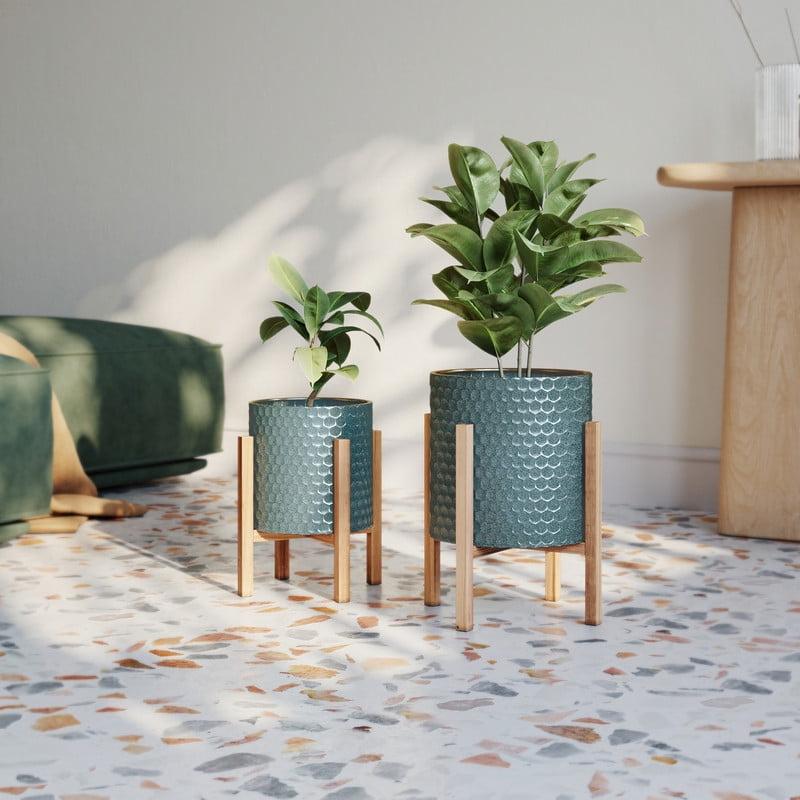 Blue-Green Honeycomb Metal Planter Set with Wood Base