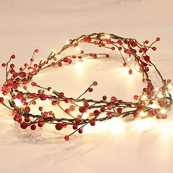 Rhytsing Red Berry Garland with 30 LED Lights, Battery Operated  with Timer Function for Christmas - 5.9FT