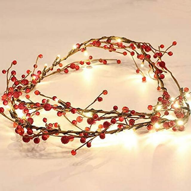 Rhytsing Red Berry Garland with 30 LED Lights, Battery Operated  with Timer Function for Christmas - 5.9FT