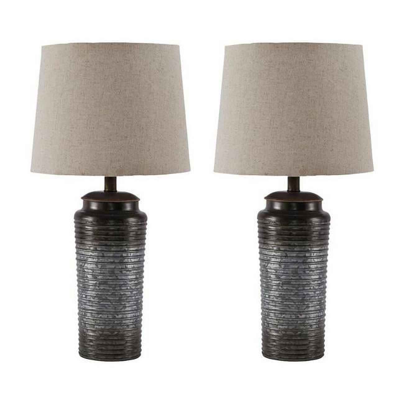 Set of 2 Ribbed Gray Metal Table Lamps with Tapered Fabric Shade