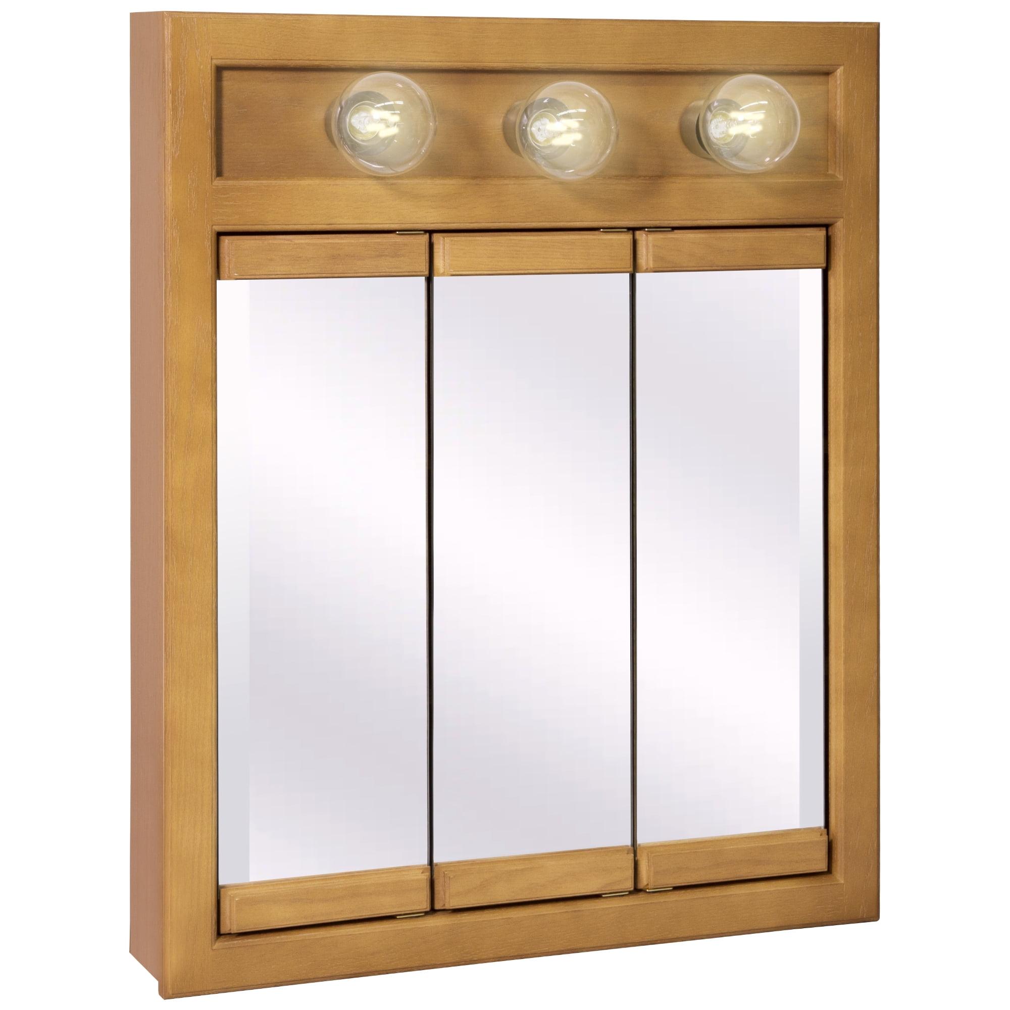 Nutmeg Oak Tri-View 24" Lighted Medicine Cabinet with Mirrored Doors