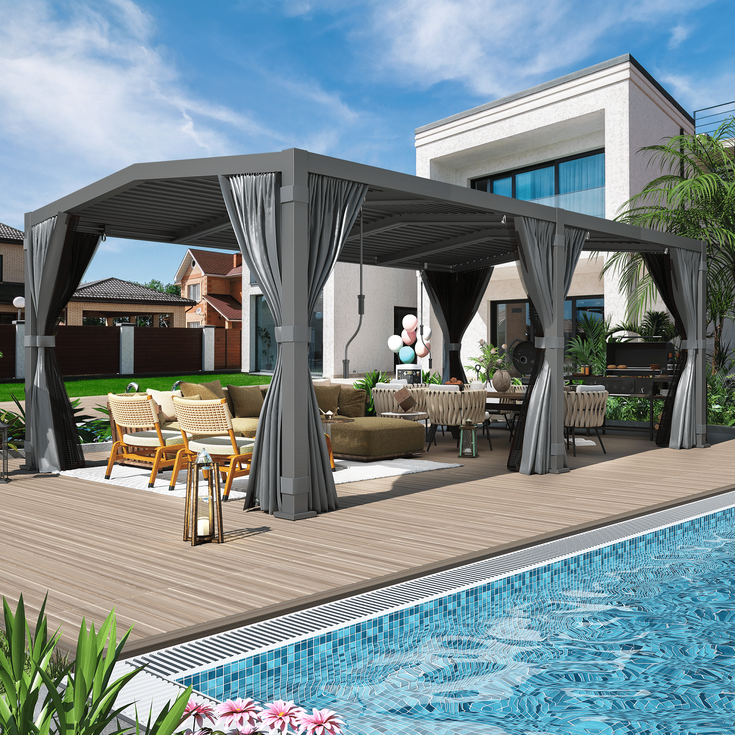 Dark Grey Aluminum 12x20 Louvered Pergola with Adjustable Roof and Curtains