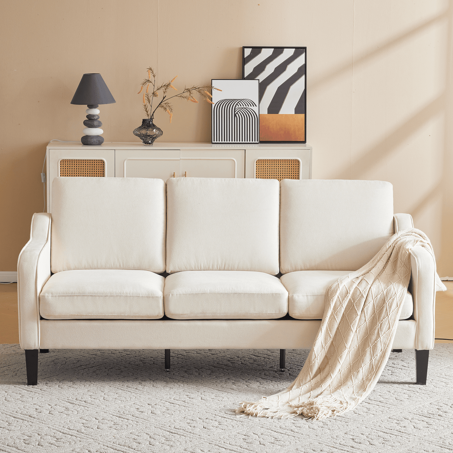 Beige Fabric 72'' Modern Sofa with Solid Wood Legs