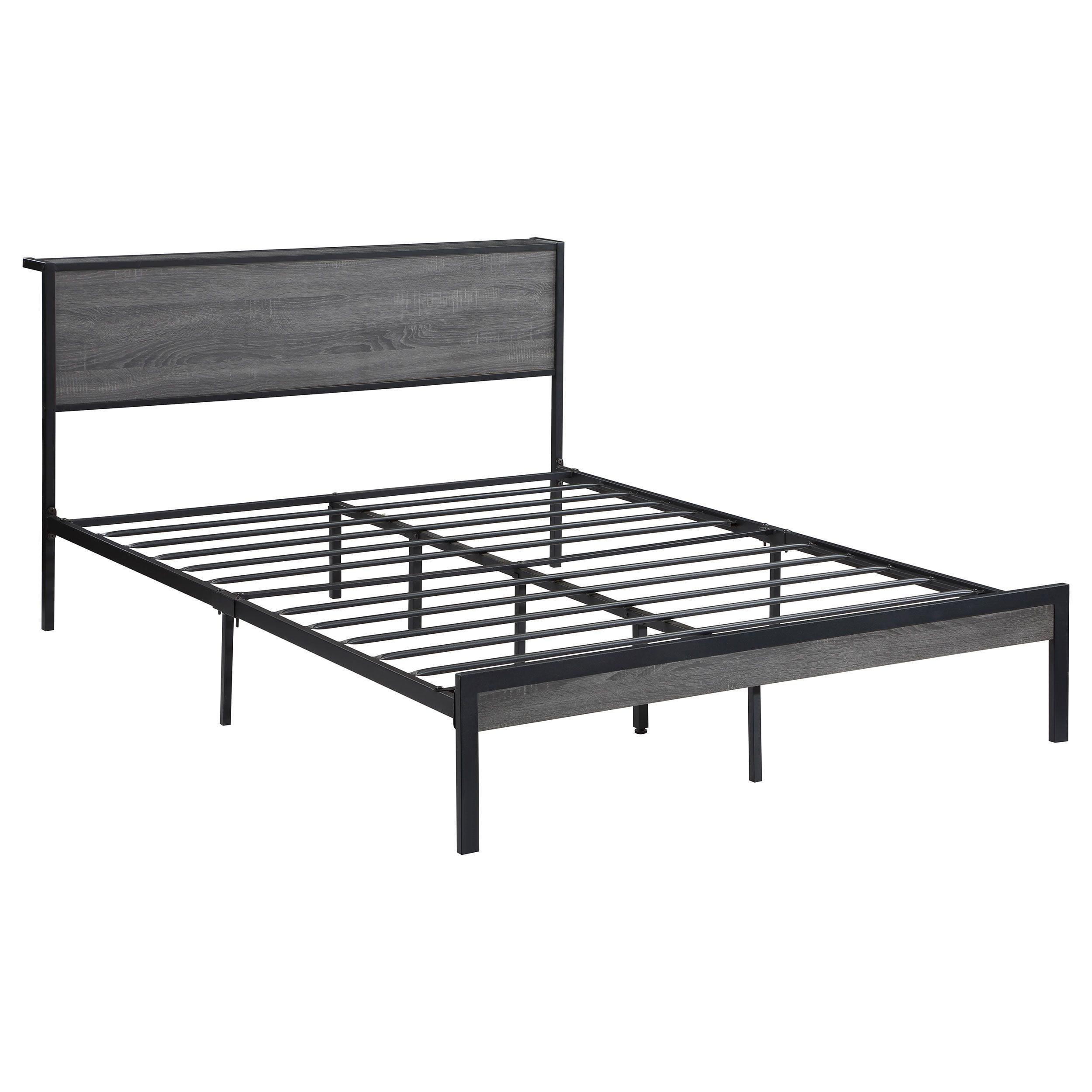 Industrial Full Black Metal Bed with Oak Headboard