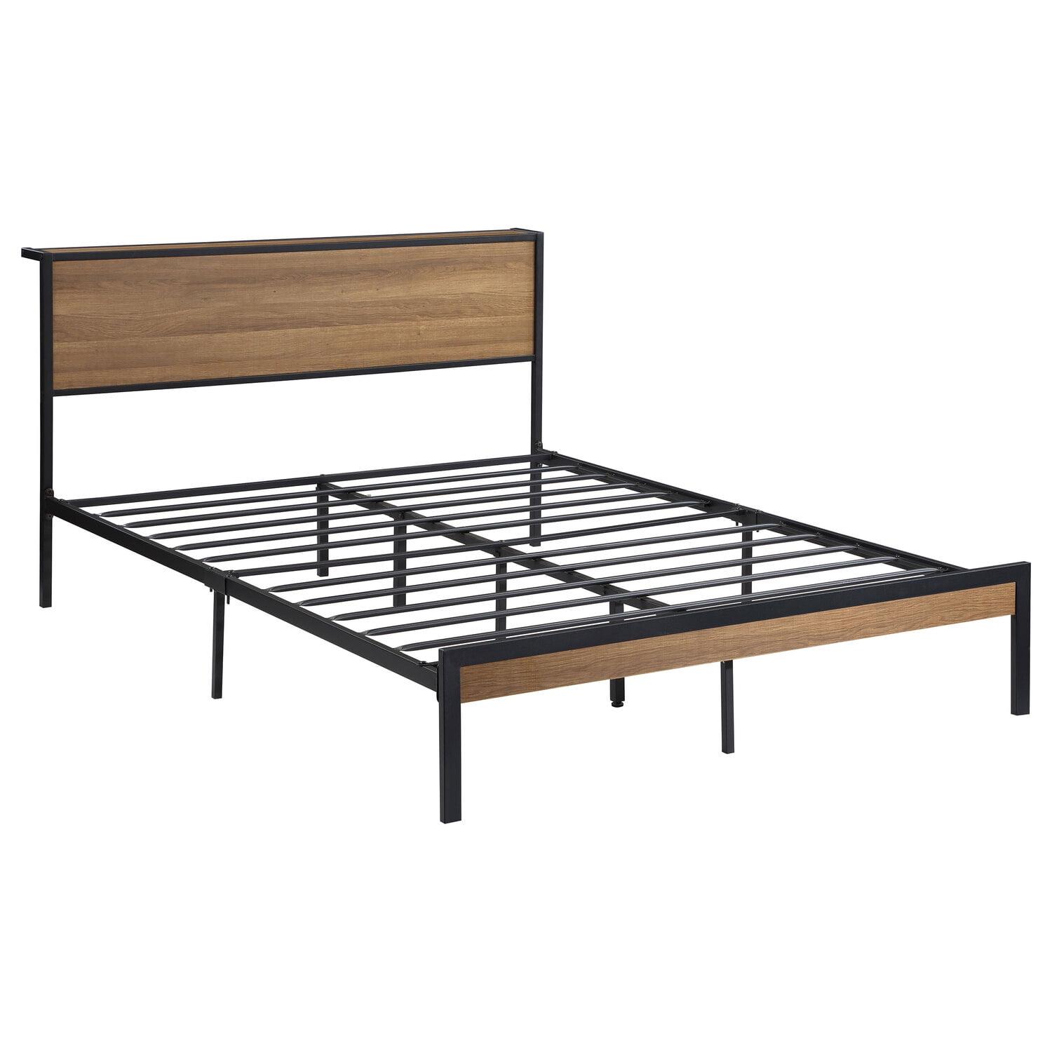 Industrial Queen Metal Bed with Oak Headboard