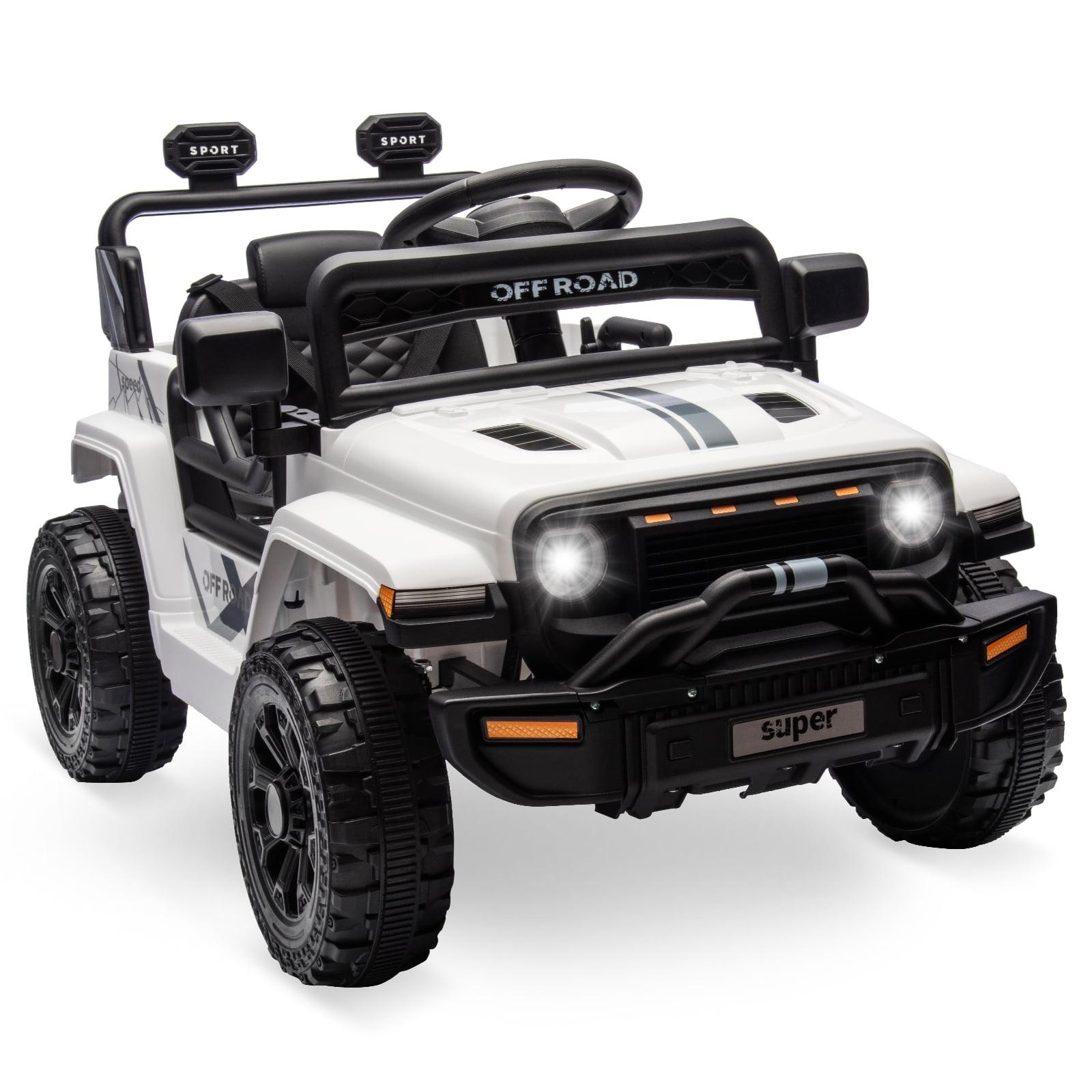 White 12V Kids Ride-On Truck with Remote Control and LED Lights