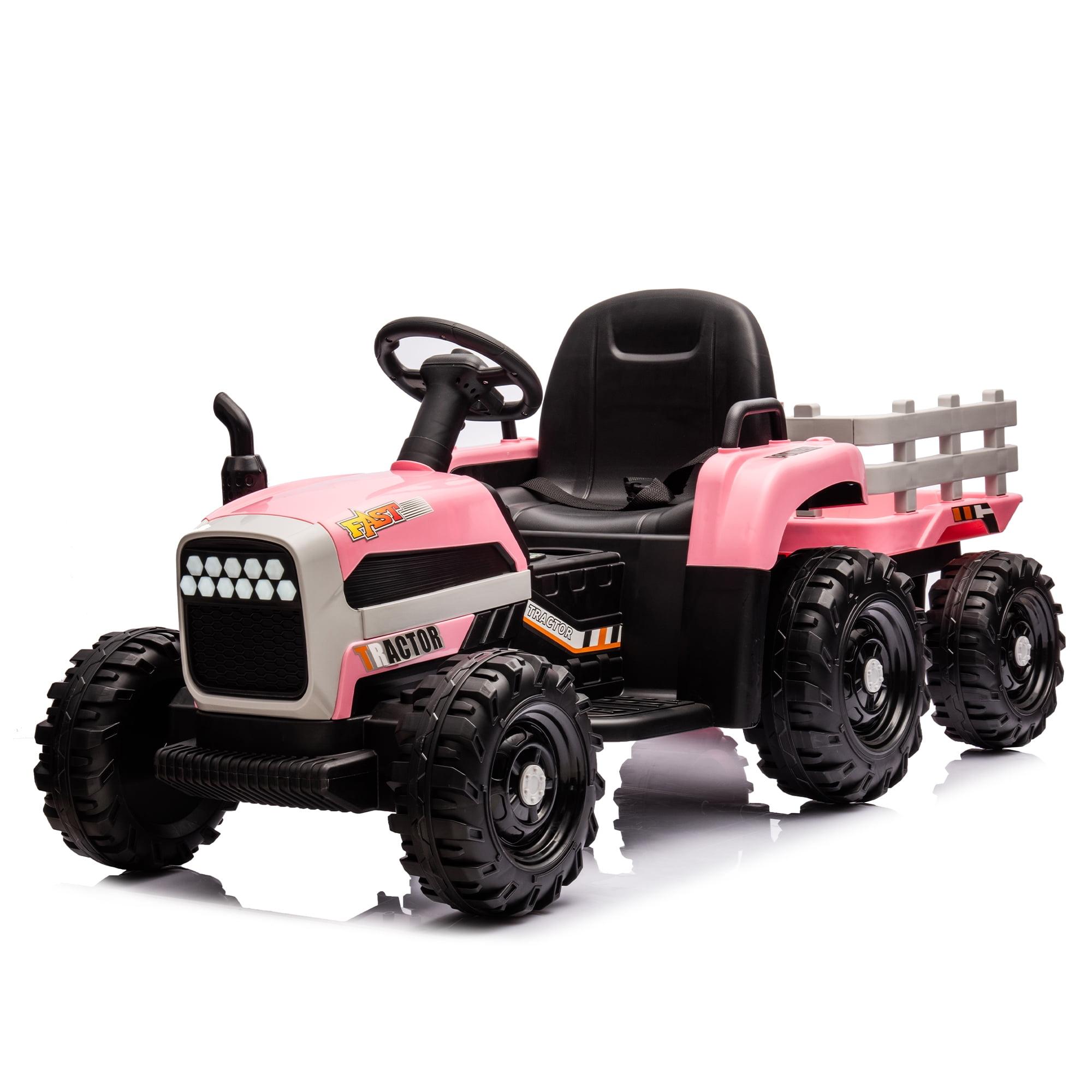 Pink 12V Plastic Ride-On Tractor with Trailer