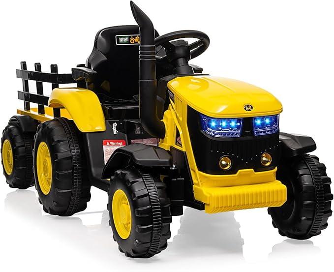 Kids Ride on Tractor with Remote Control, 12V Battery Powered Electric Tractor with 30W Dual Motors/Cool Lights/Bluetooth Music for Kids, Yellow