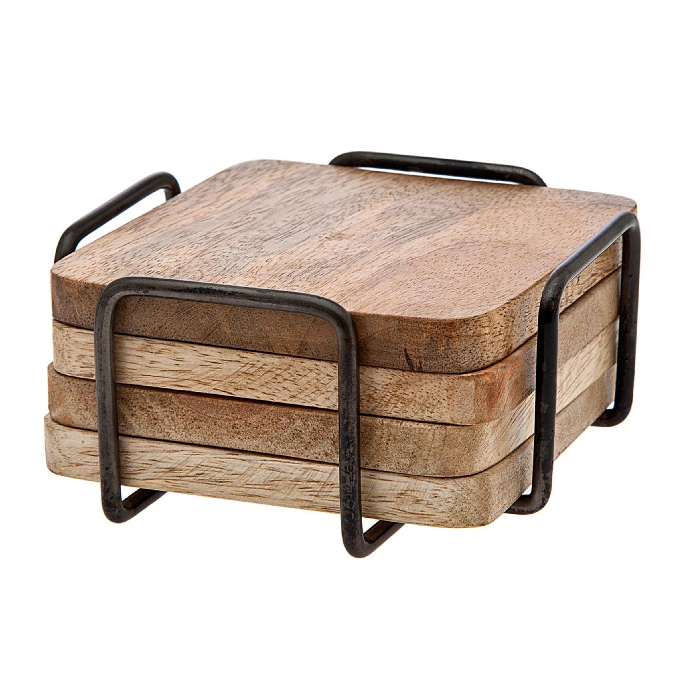 Ridgewood Natural Acacia Wood Coaster Set with Iron Holder