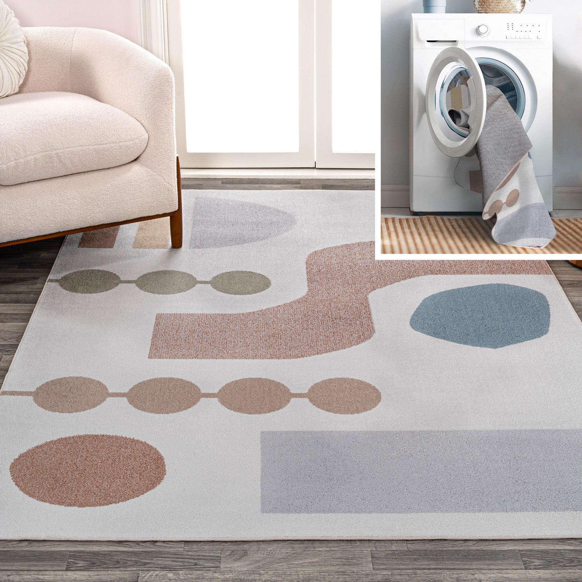 Blue and Cream Abstract Kids Washable Area Rug