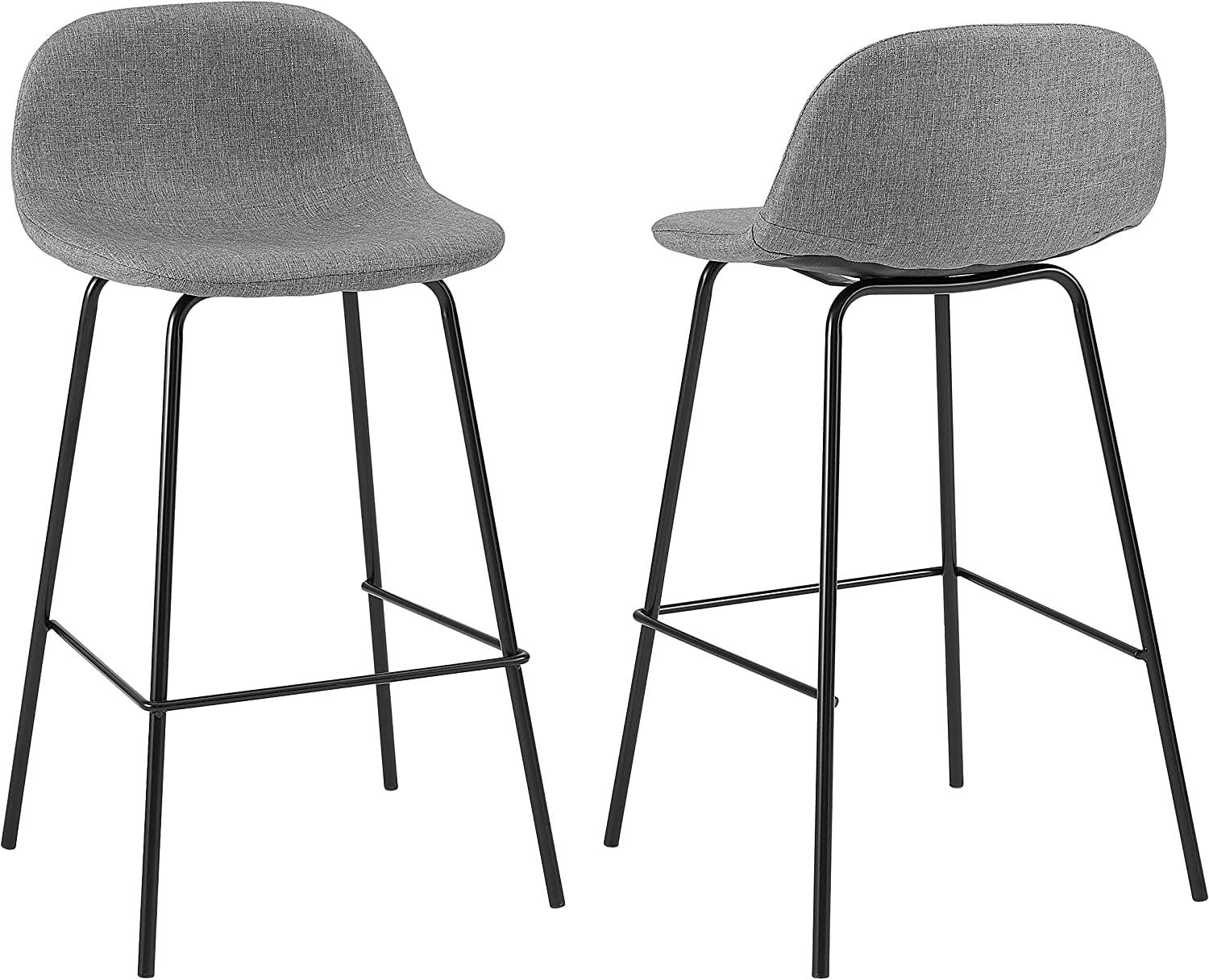 Gray Upholstered Bucket Seat Bar Stools with Steel Legs, Set of 2