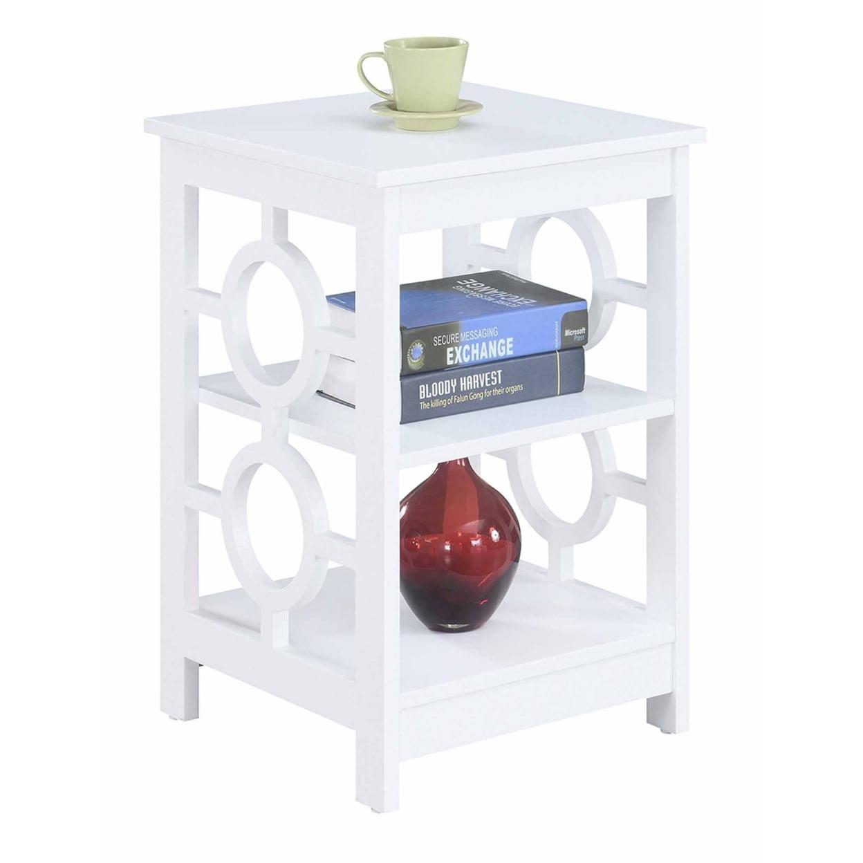 White Three-Tier Particle Board End Table with Circular Cutouts