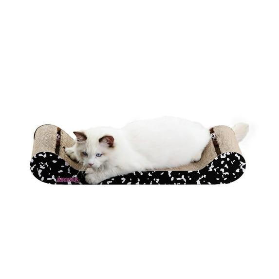 THE LICKER STORE Rini 23.75" Modern Cardboard Lounge Bed Cat Scratcher with Built-In Bell Toys and Catnip, Black/White