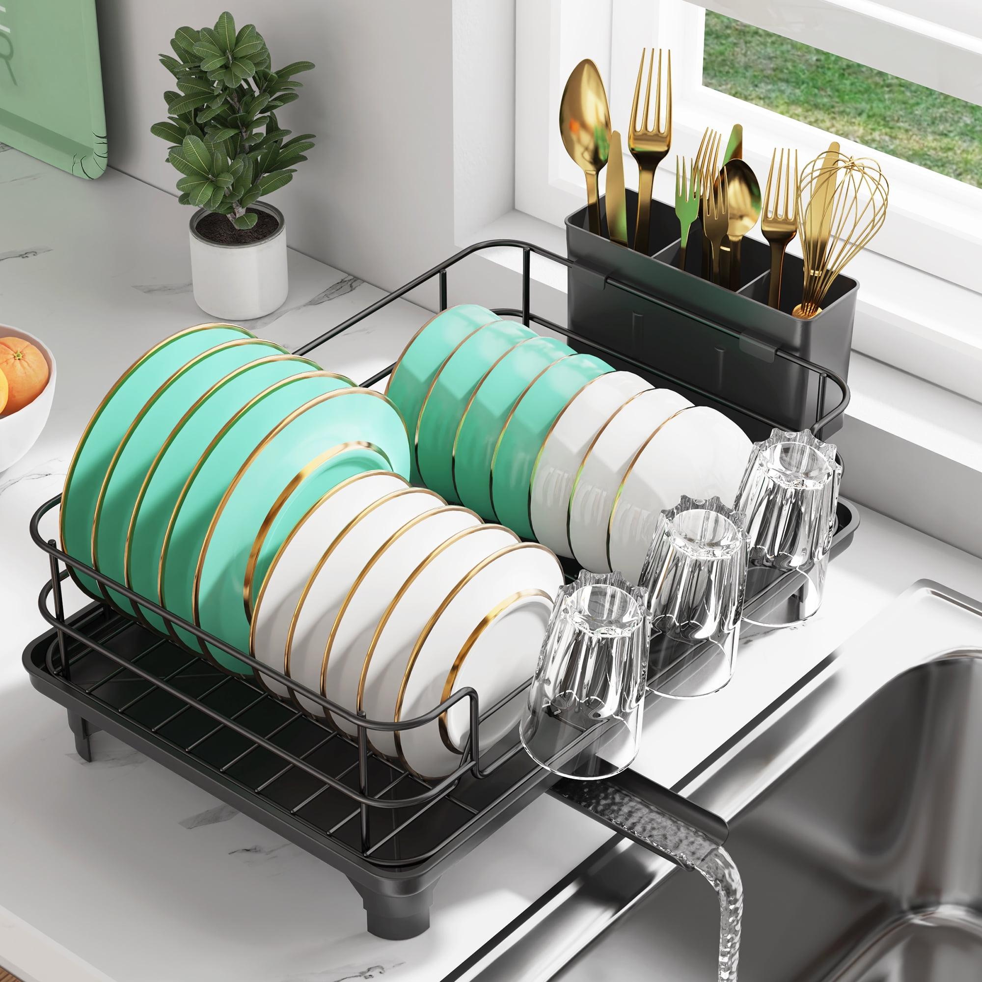 Compact Black Stainless Steel Foldable Dish Rack with Utensil Holder