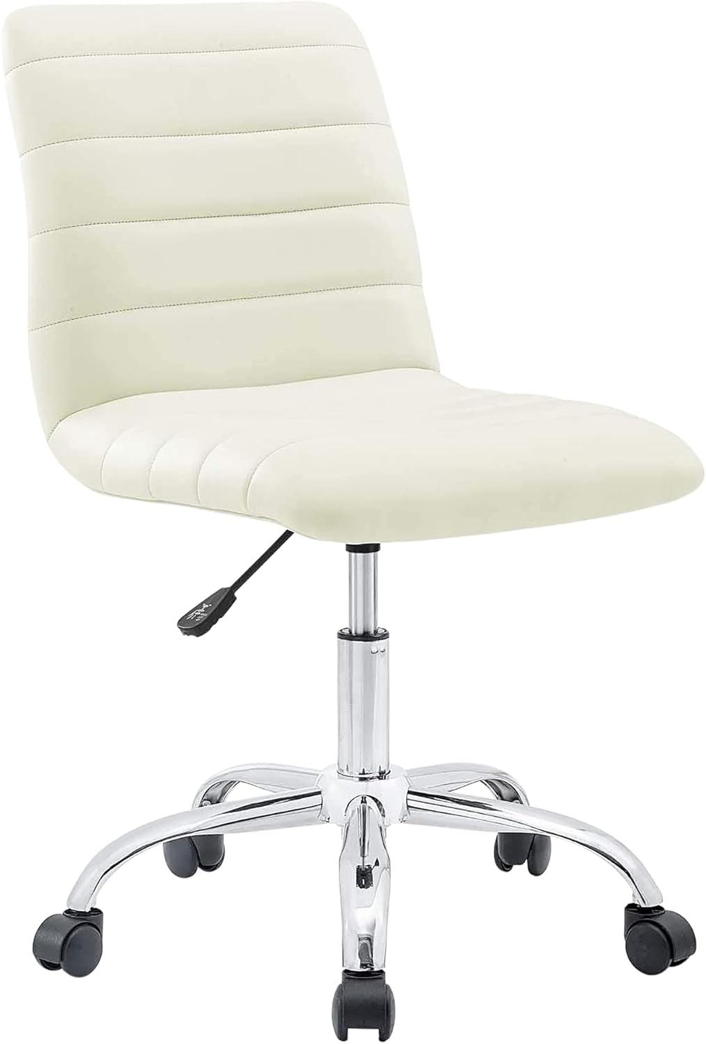 Cream Channel Tufted Armless Swivel Office Chair with Metal Base