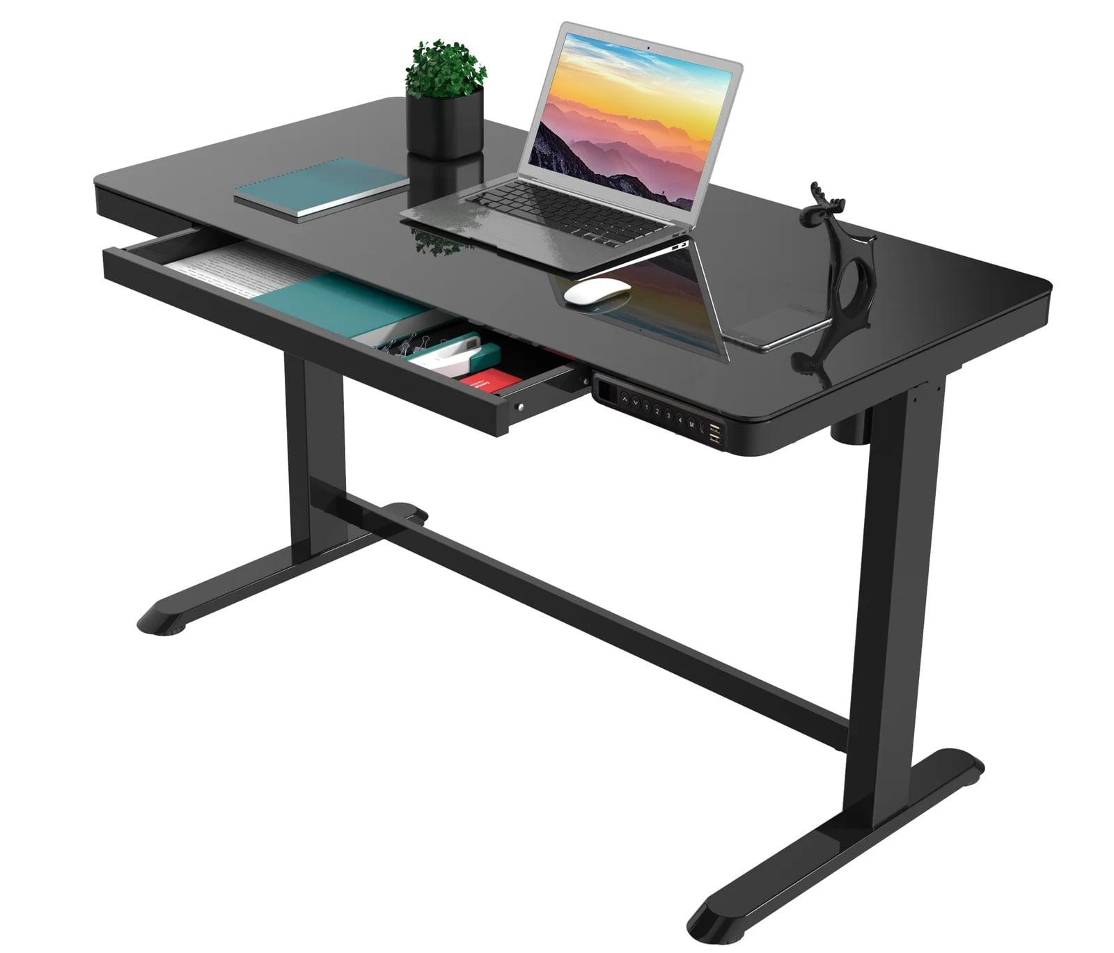 Black Glass Electric Standing Desk with Adjustable Height and USB Ports