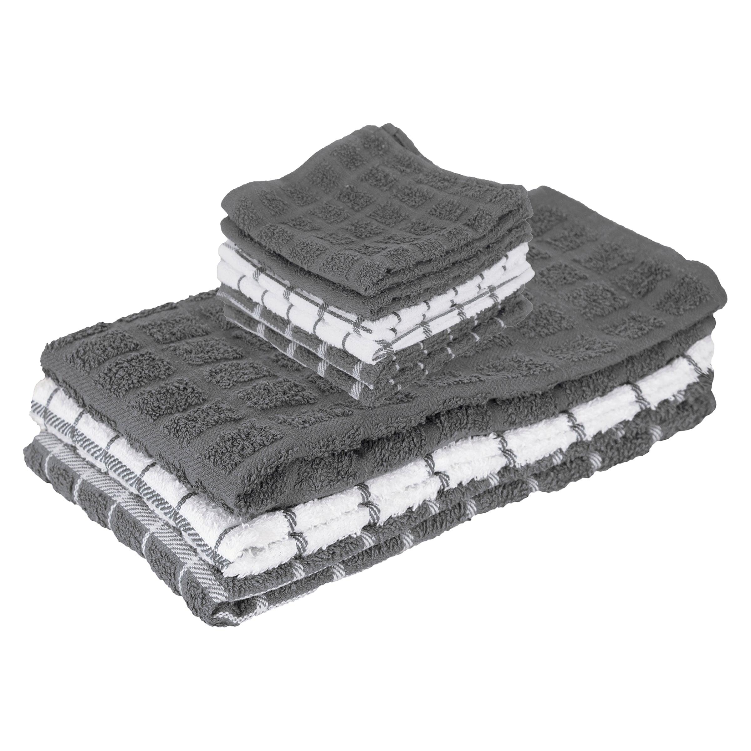 John Ritzenthaler Co. Ritz 3-Pack Terry Check Kitchen Towel Set and 6-Pack Terry Check Dish Cloth Set, Grey