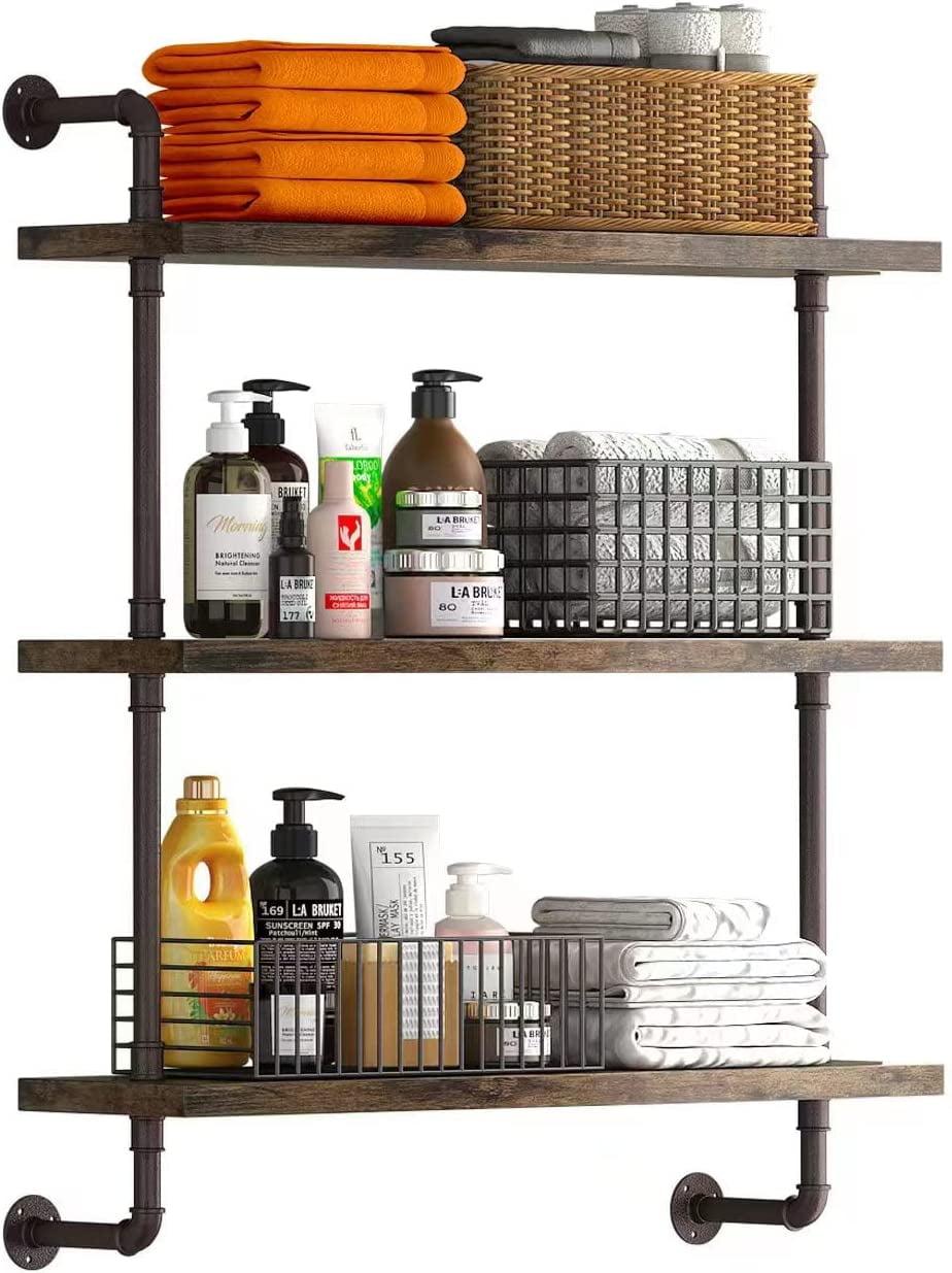 3 Tier Industrial Pipe Shelf Rustic Wood Floating Shelves,Wall Display Bookshelf,Storage Rack Sundries Holder for Kitchen Office Bathroom Organization and Home Decor (24inch)