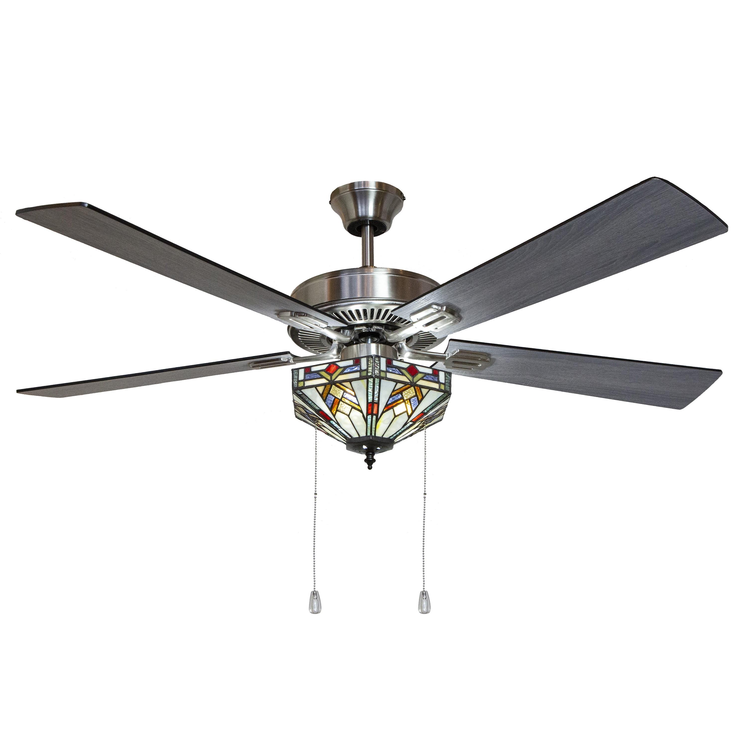 Satin Nickel 52" Reversible Blade LED Ceiling Fan with Stained Glass Lighting