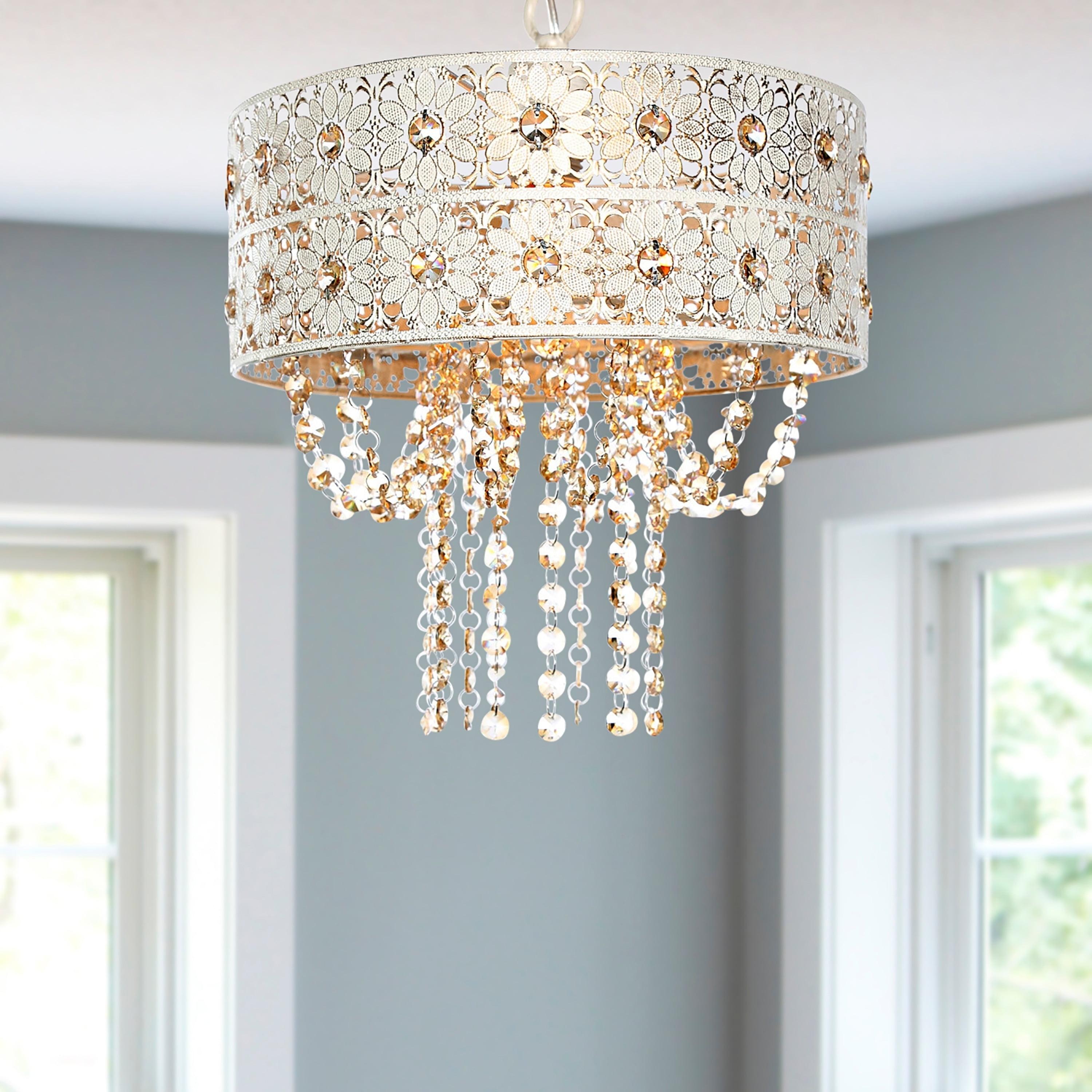 Gold Crystal Drum Pendant Light with Floral Design