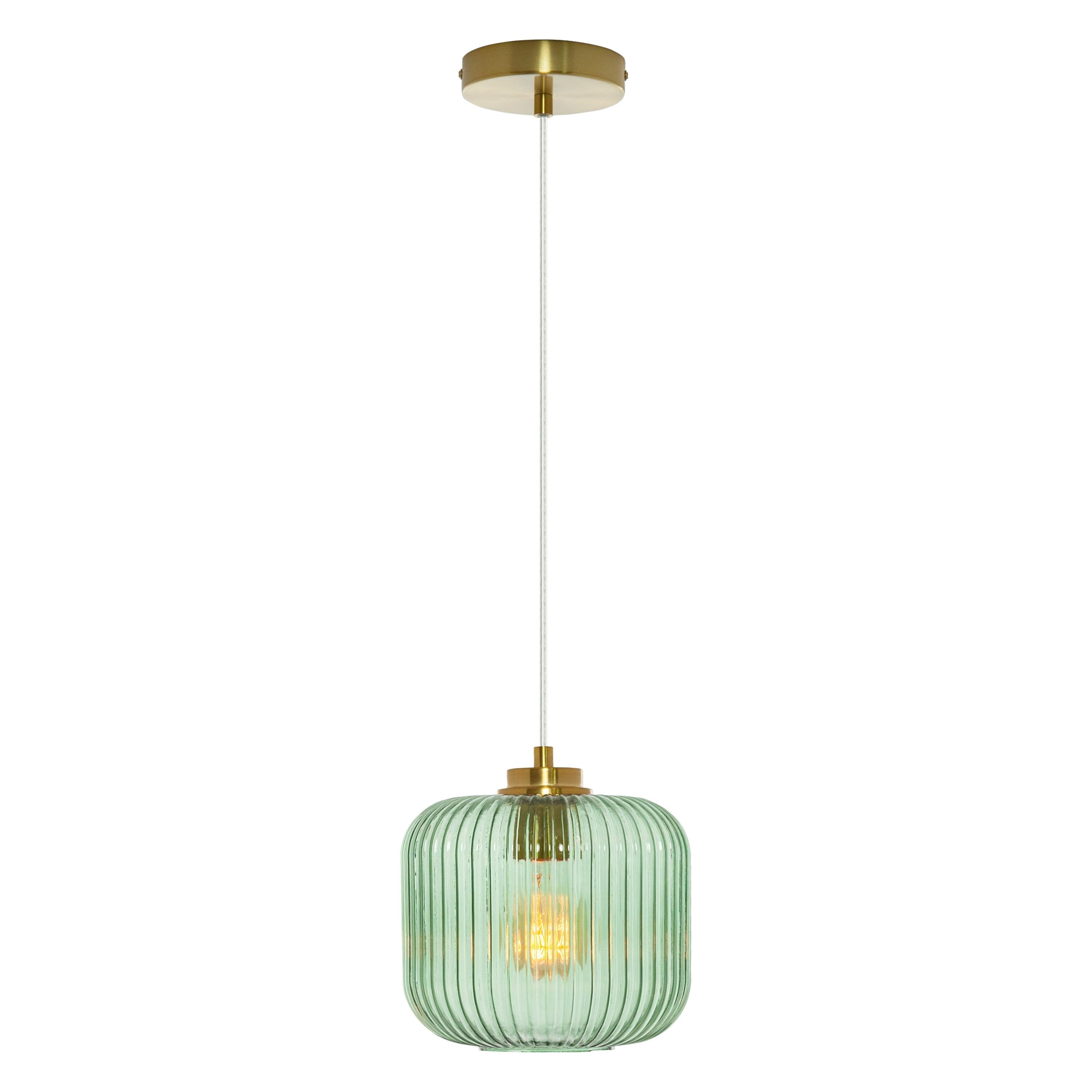 Green Glass Globe Pendant Light with Brushed Gold Finish