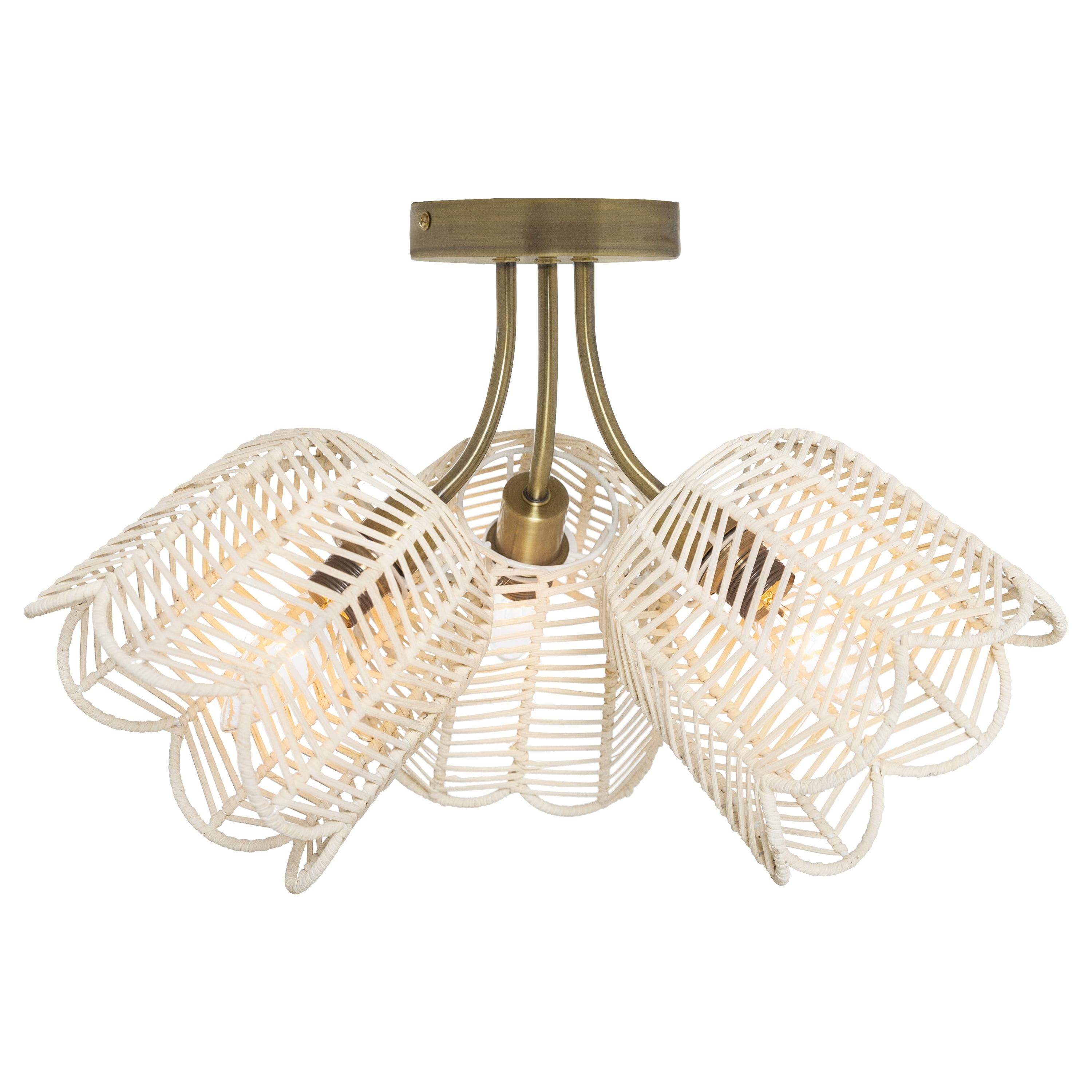 11.5" Meg Brushed Gold Metal Ceiling Light with Rattan Shade - River of Goods: Semi-Flush, 3-Light Fixture