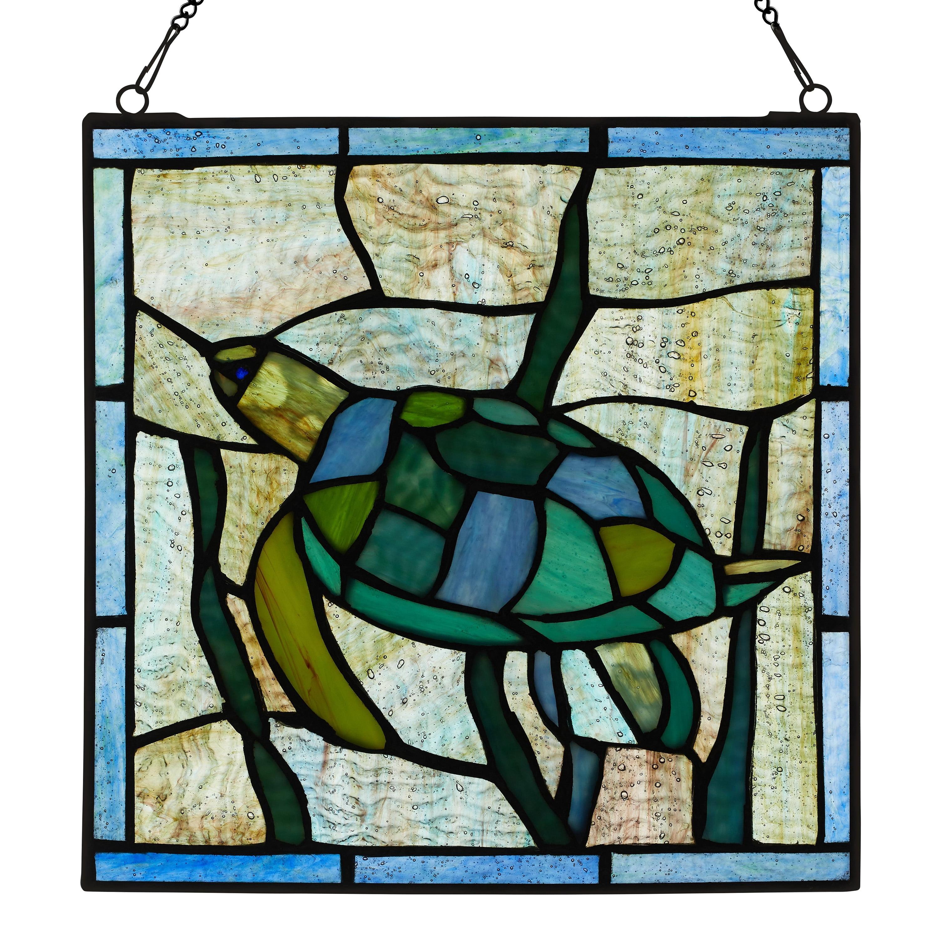 River of Goods  Serene Sea Turtle  Blue, Green and Teal Stained Glass Window Panel - 10" x 0.25" x 10.5"