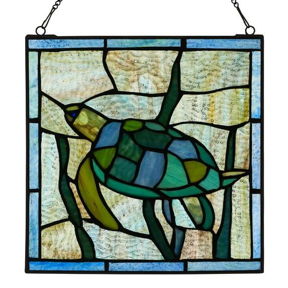 River of Goods  Serene Sea Turtle  Blue, Green and Teal Stained Glass Window Panel - 10" x 0.25" x 10.5"