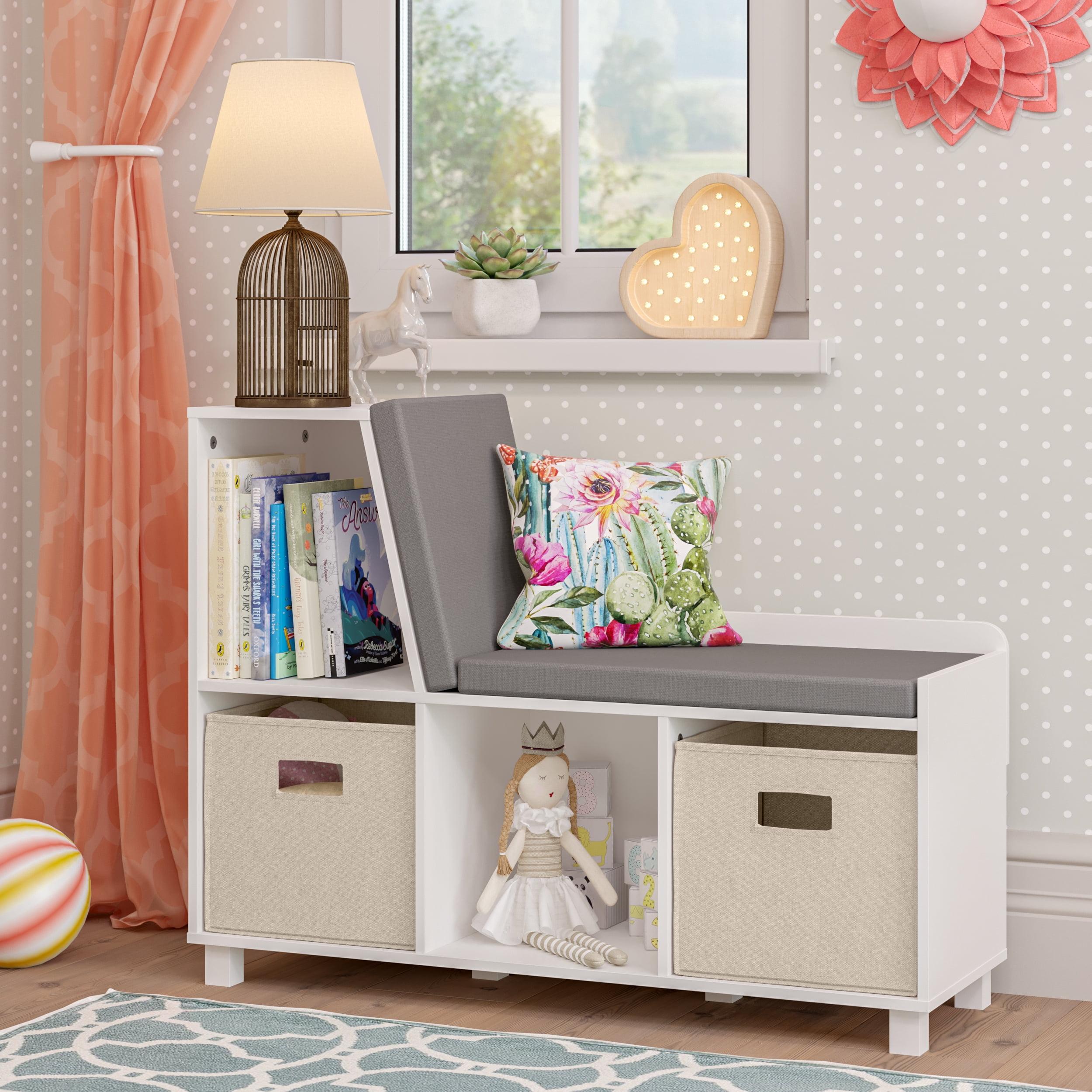 White Kids Reading Nook Cushioned Storage Bench with Taupe Bins