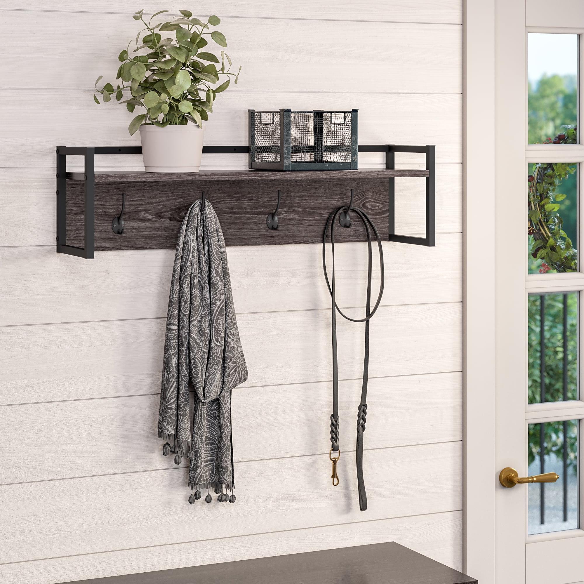 Afton Weathered Woodgrain Wall Shelf with 4 Double Metal Hooks