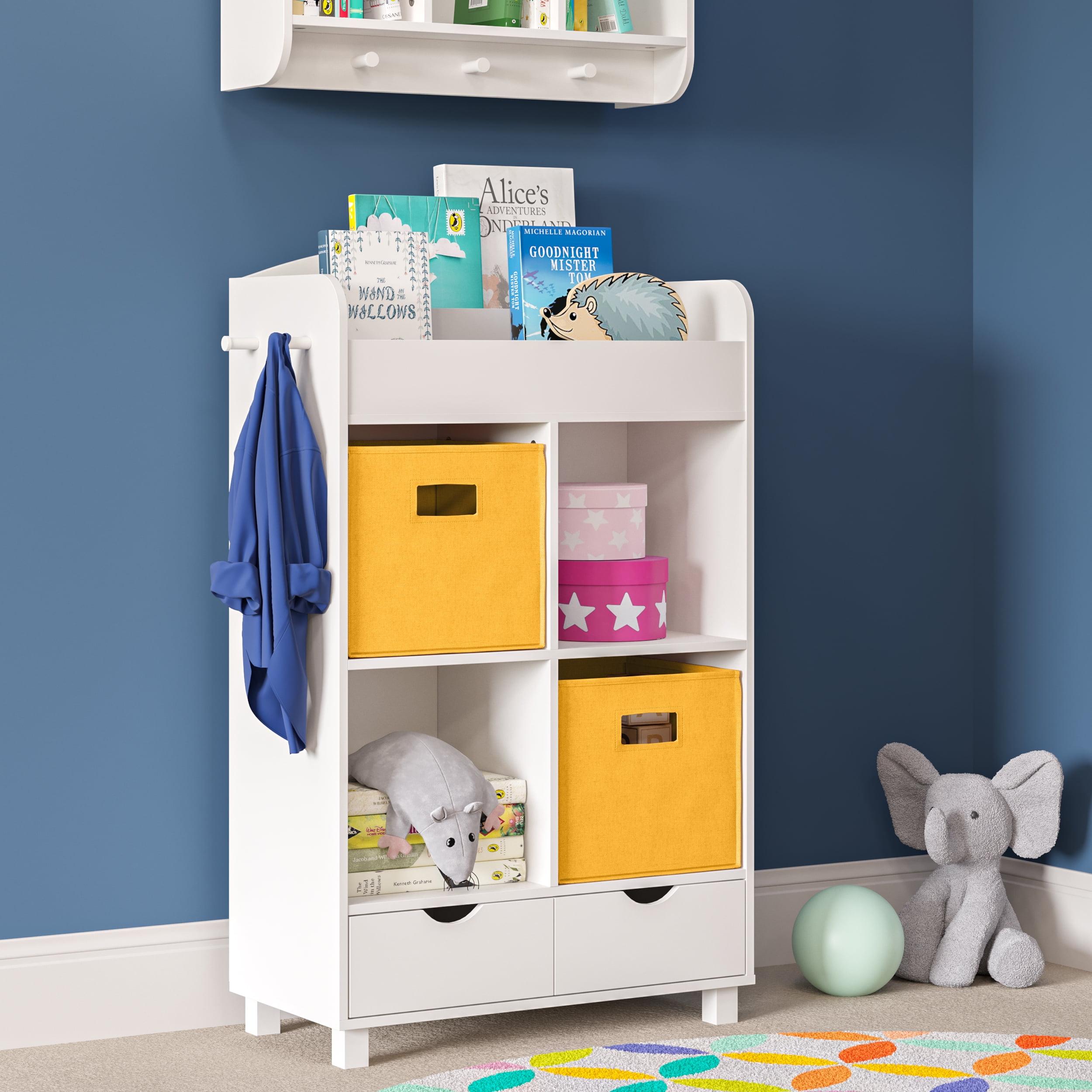 White Kids Bookshelf with Golden Yellow Storage Bins