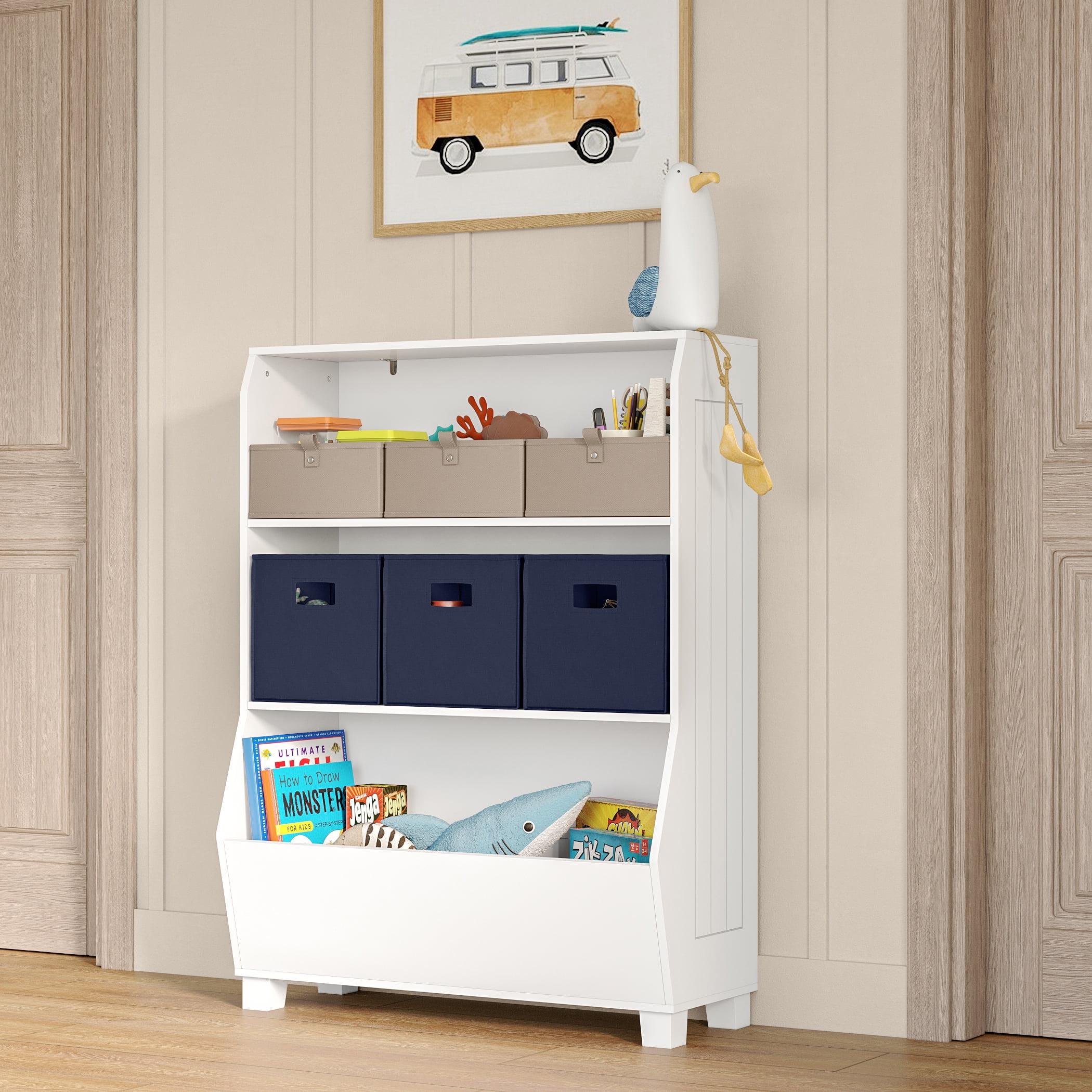 White Adjustable Kids Bookshelf with Toy Storage Bins