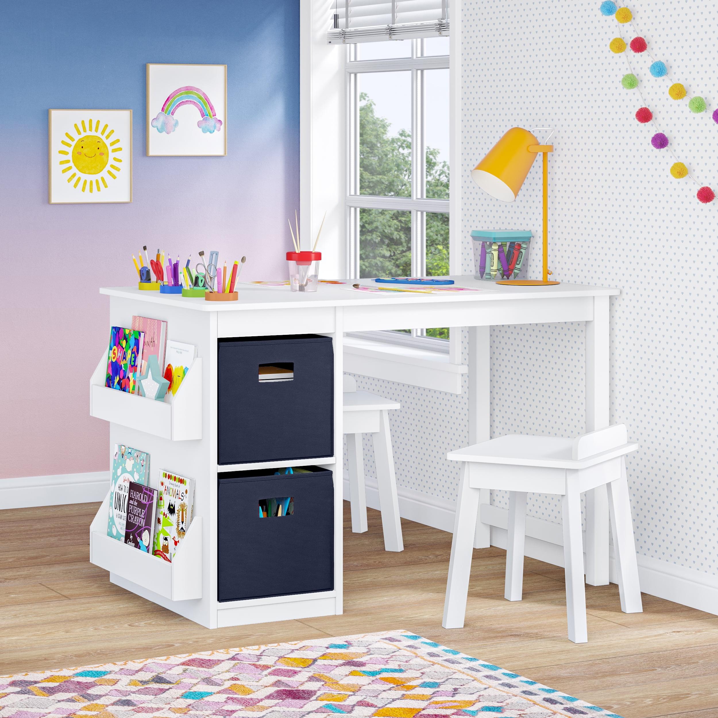 RiverRidge Kids Playroom Art Activity Table with 2 Cubbies and 2 Bookracks - White with 2 Chairs for Playroom, Nursery, and Daycare