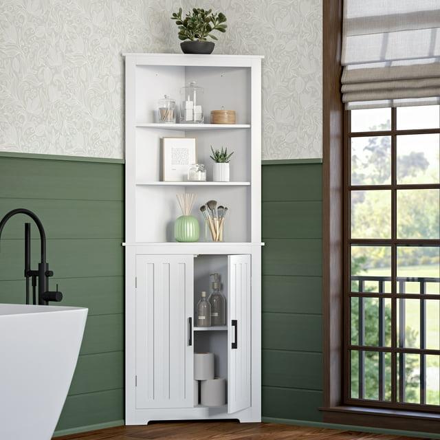 RiverRidge Home RiverRidge Monroe Tall Corner Bathroom Cabinet Storage Organizer with Doors and an Adjustable Shelf - White