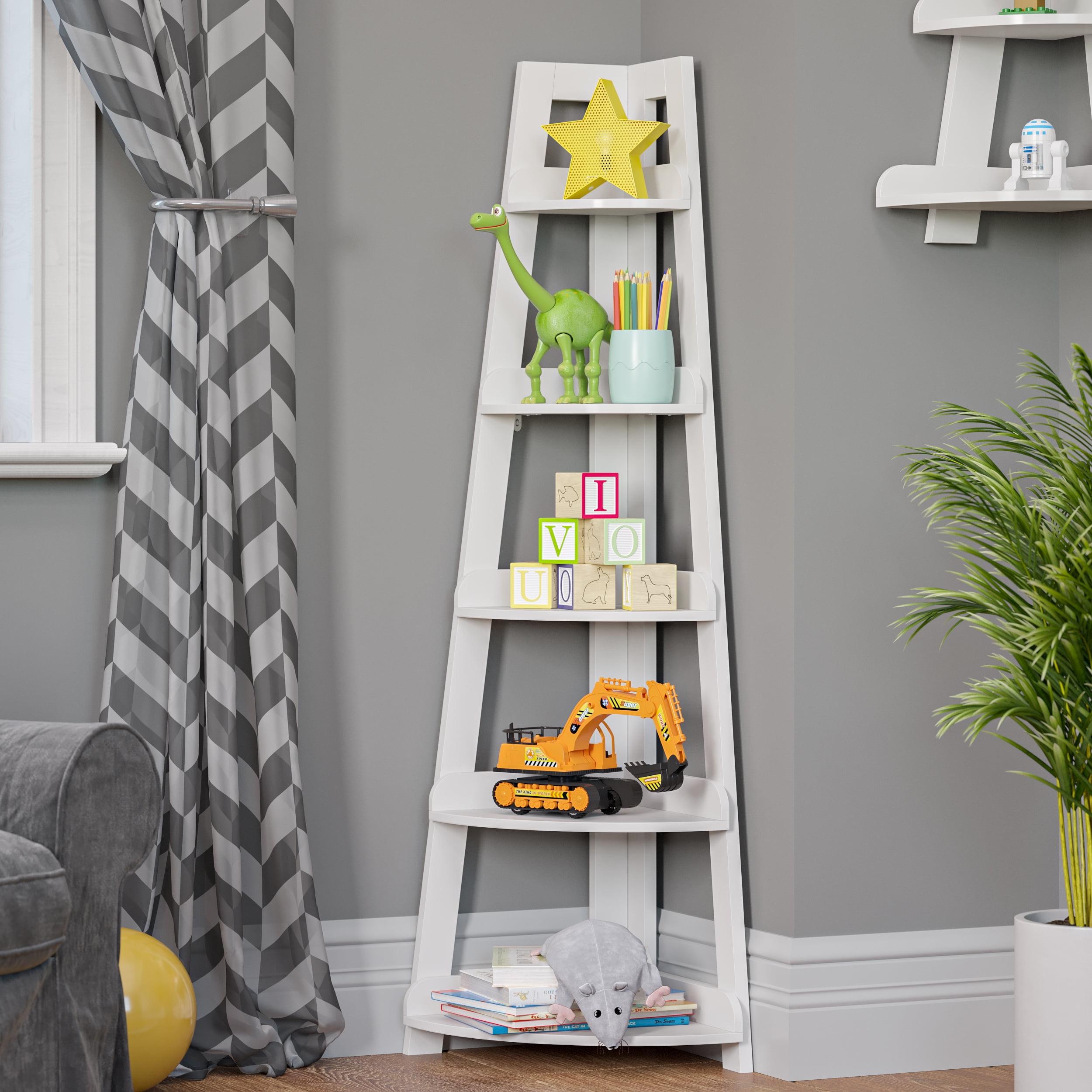 White Wood Kids Corner Ladder Shelf with Adjustable Tiers