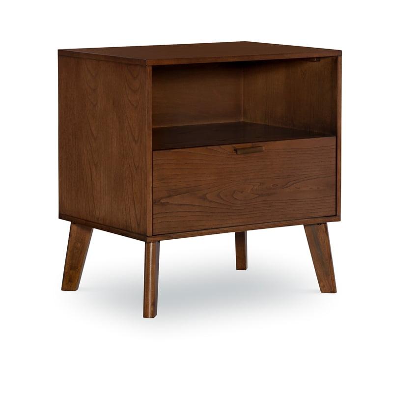 Walnut Brown Mid-Century Modern Nightstand with Bronze Hardware