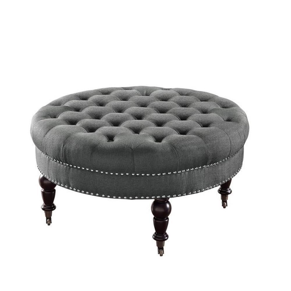 34.6" Isabelle Traditional Round Tufted Upholstered Wheeled Cocktail Ottoman Gray - Linon: Charcoal Linen, Silver Nailhead, Black Legs