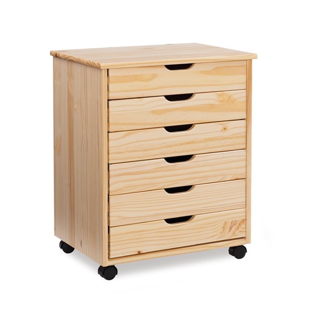Cary Transitional 6 Drawer Solid Wood Contoured Handle Cut Out Wide Roll Cart Natural - Linon: Pine Frame, Farmhouse Style