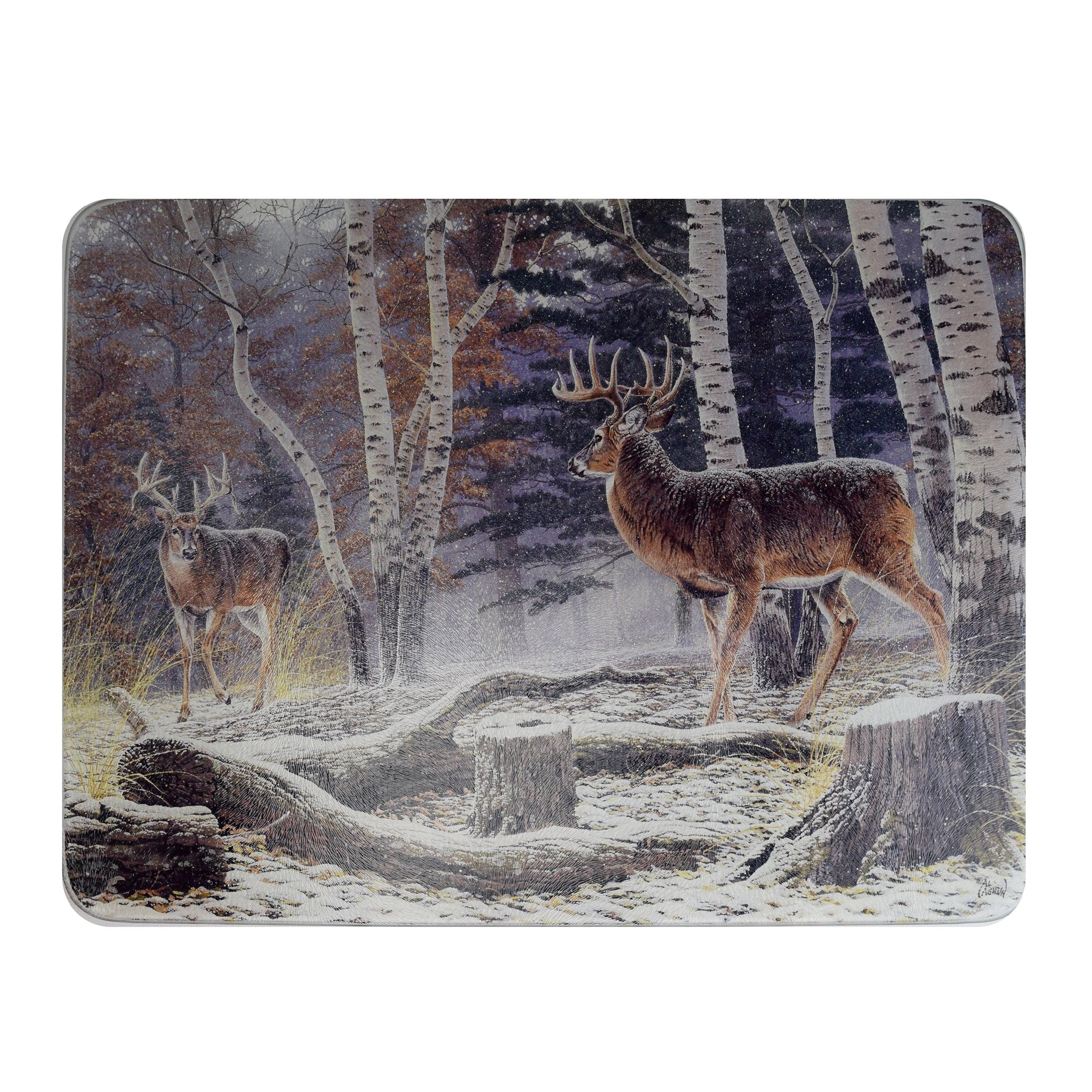 Rivers Edge Products Large 12in x 16in Decorative Tempered Glass Cutting Board, Hypoallergenic, Non Slip, Textured Surface Chopping Board for Kitchen, Deer in the Snow and Woods, Confrontation