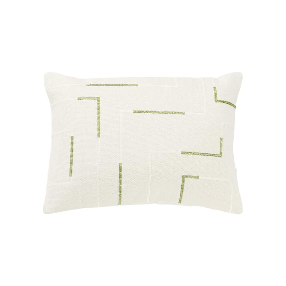 Ivory and Green Embroidered Cotton Down Filled Pillow 14"x20"