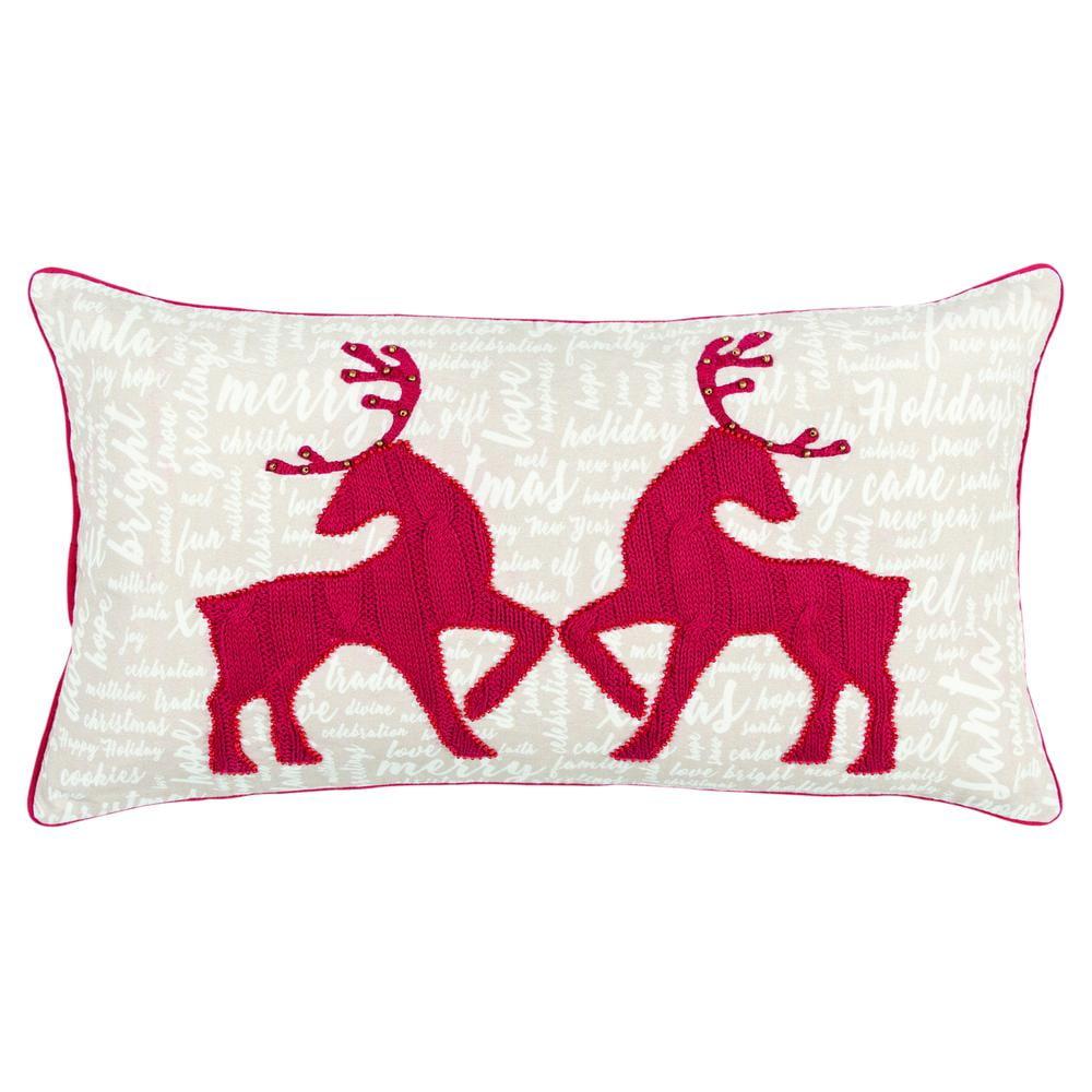 Embroidered Cotton Deer Holiday Pillow Cover, 14" x 26", Red and Beige