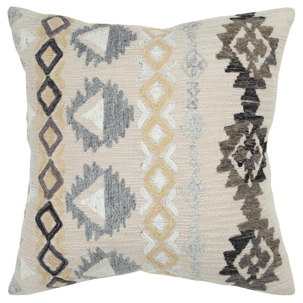 20" Beige and Gray Embroidered Geometric Square Pillow