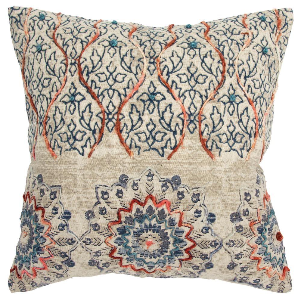 Embroidered Floral Medallion 17" Square Throw Pillow in Blue and Rust