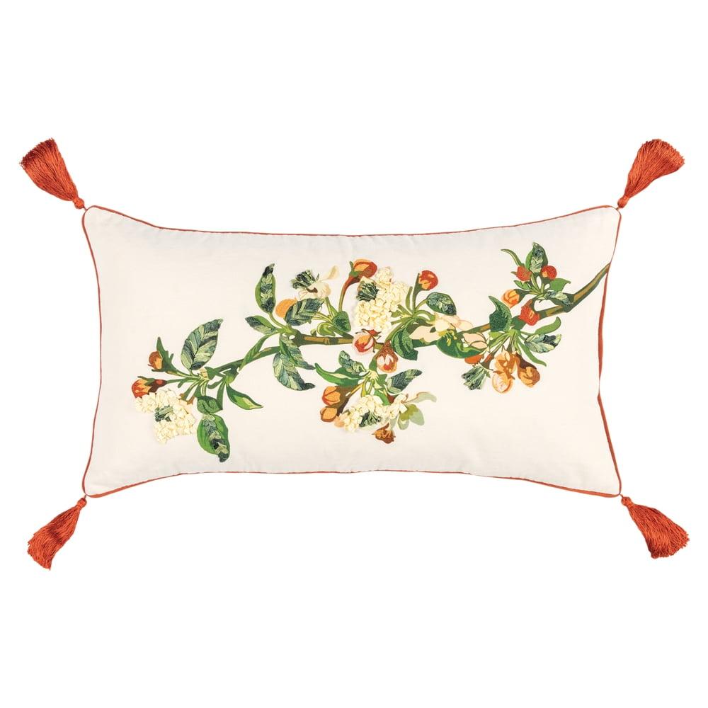 14" x 26" Ivory and Red Embroidered Cotton Lumbar Pillow