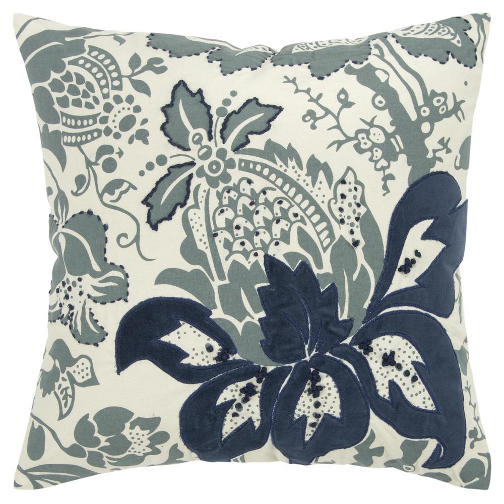 Navy and Ivory Floral Embroidered Cotton Square Pillow