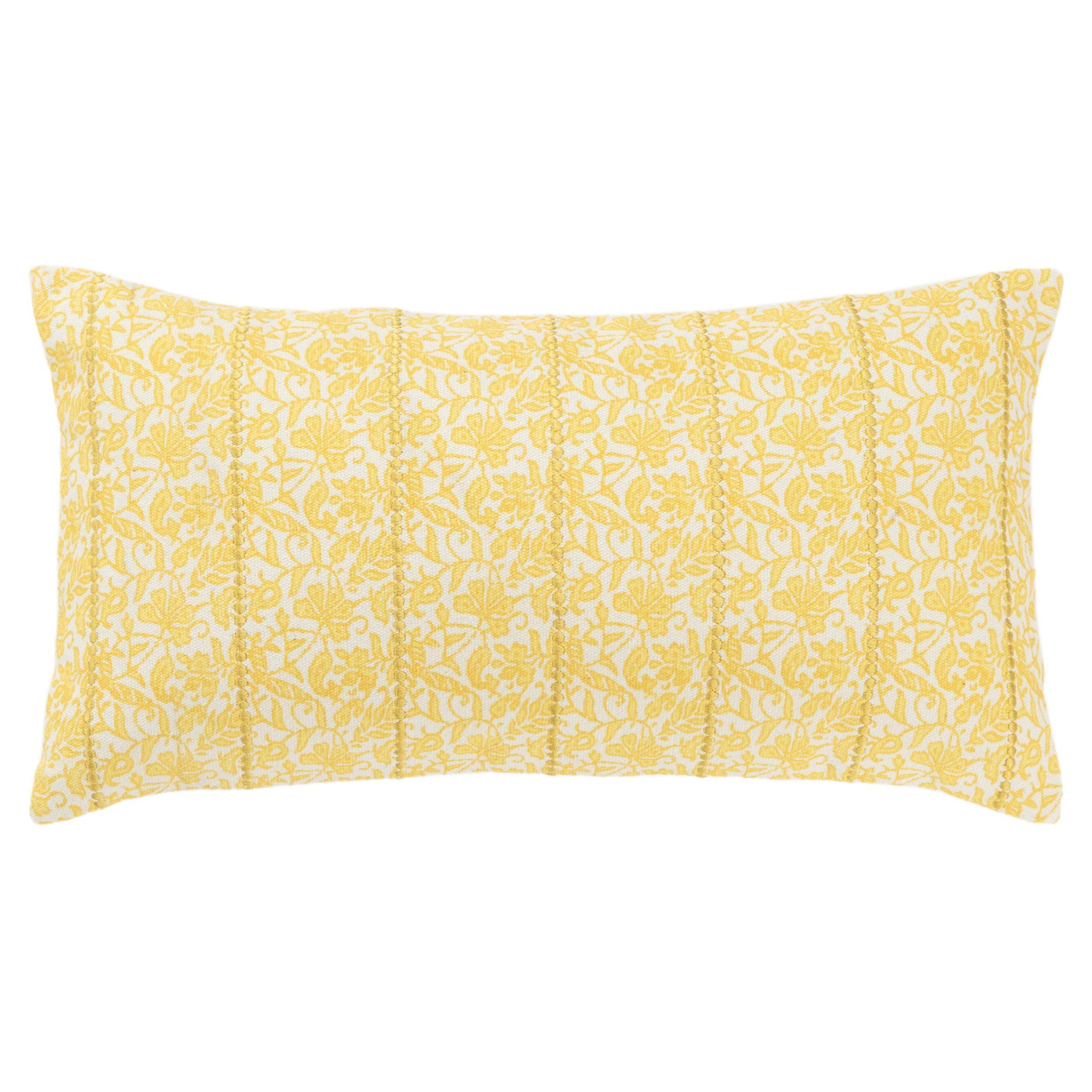 Citron Yellow Botanical Embroidered Cotton Throw Pillow